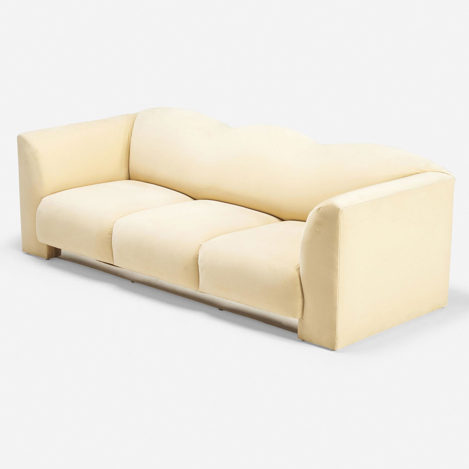 Stanley Jay Friedman, El Morocco sofa: Stanley Jay Friedman El Morocco sofa BruetonUSA, c. 1985upholstery, chromed steel31 h × 90 w × 40 d in (79 × 229 × 102 cm)