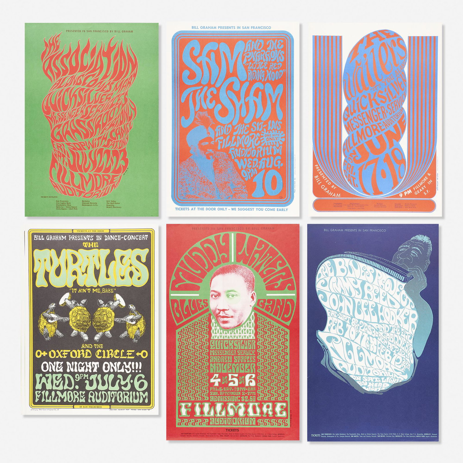 Bill Graham, concert posters, collection of six: Bill Graham concert posters, collection of six Bill Graham Presents BG 49 Myers, John Lee Hooker, Blues Project. First printing. Measures 22.25 h x 13.5 w inches. BG 18 Wilson, Association, Quicksi