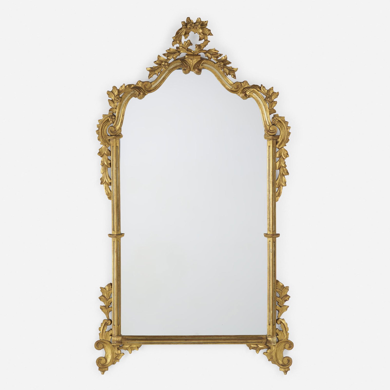 Italian, Rococo style mirror: Italian Rococo style mirror 20th century gilt wood, mirrored glass 53.5 h × 28.5 w × 2 d in (136 × 72 × 5 cm) Paper label 'Made in Italy 9382' and branded to verso 'Made in