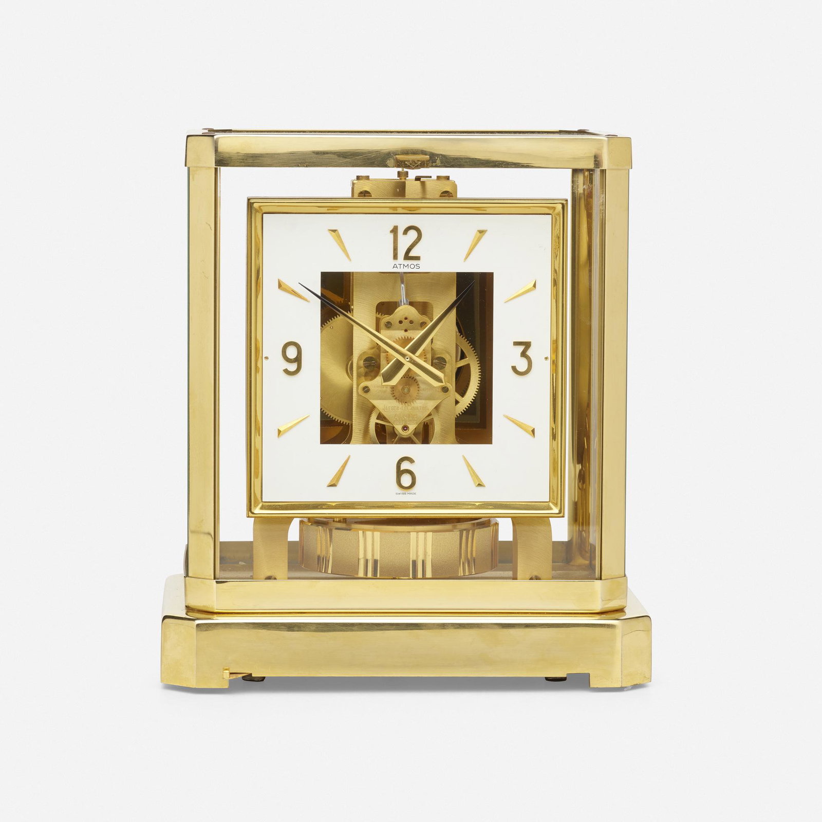 Jaeger-LeCoultre, Atmos Fifteen Jewels clock: Jaeger-LeCoultre Atmos Fifteen Jewels clock Switzerland, late 20th century gilt brass, glass 9.25 h × 8 w × 6.25 d in (23 × 20 × 16 cm) Incised manufacturer's mark 'Jaeger LeCoultre Atmos Swiss Ma