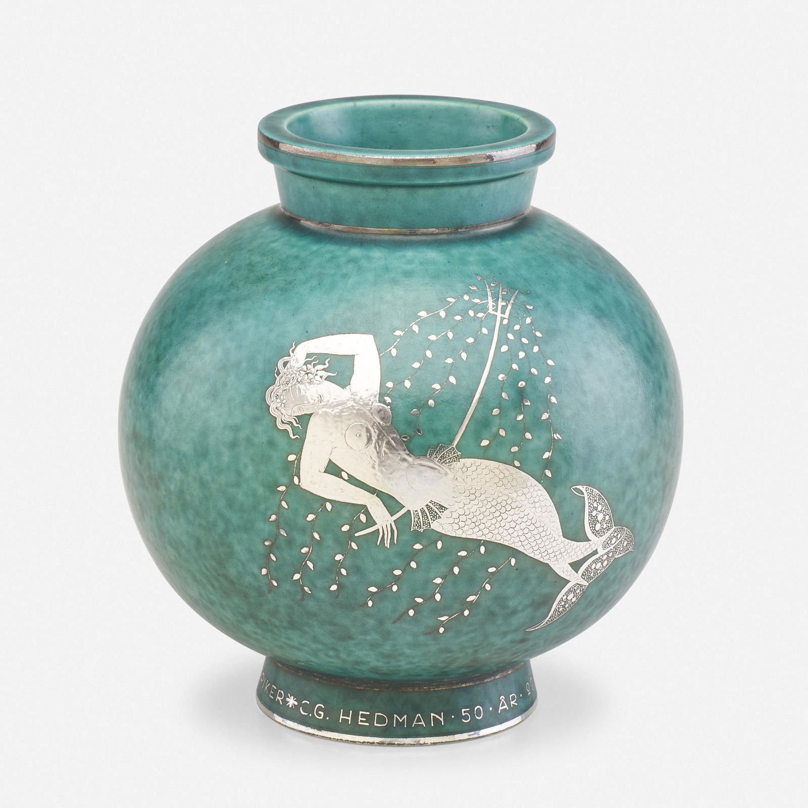 Wilhelm Kage, Argenta vase: Wilhelm Kage Argenta vase GustavsbergSweden, 1948glazed stoneware, silver8.25 h × 7.5 dia in (21 × 19 cm) Glazed manufacturer's mark to underside 'Gustavsberg R Argenta 1145 I'