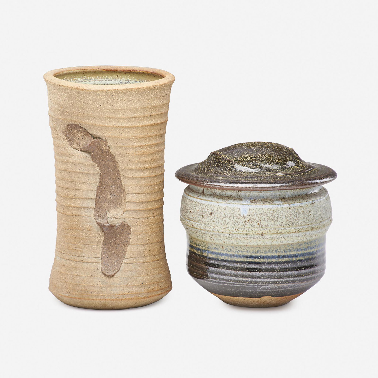 Karen Karnes, vase and jar: Karen Karnes vase and jar USA, c. 1985 salt-glazed stoneware Jar measures: 6 dia x 6.25 h inches. Vase measures: 5 dia x 9.25 h inches. Impressed chop mark to underside of each example 'KK'.