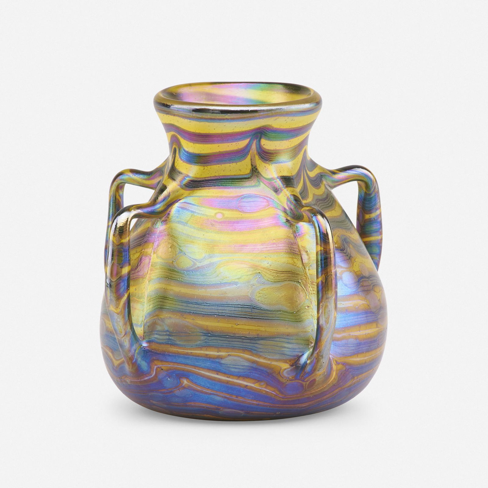 In the manner of Loetz, four-handled vase: In the manner of Loetz four-handled vase early 20th centuryhand-blown glass5 h × 4 dia in (13 × 10 cm)