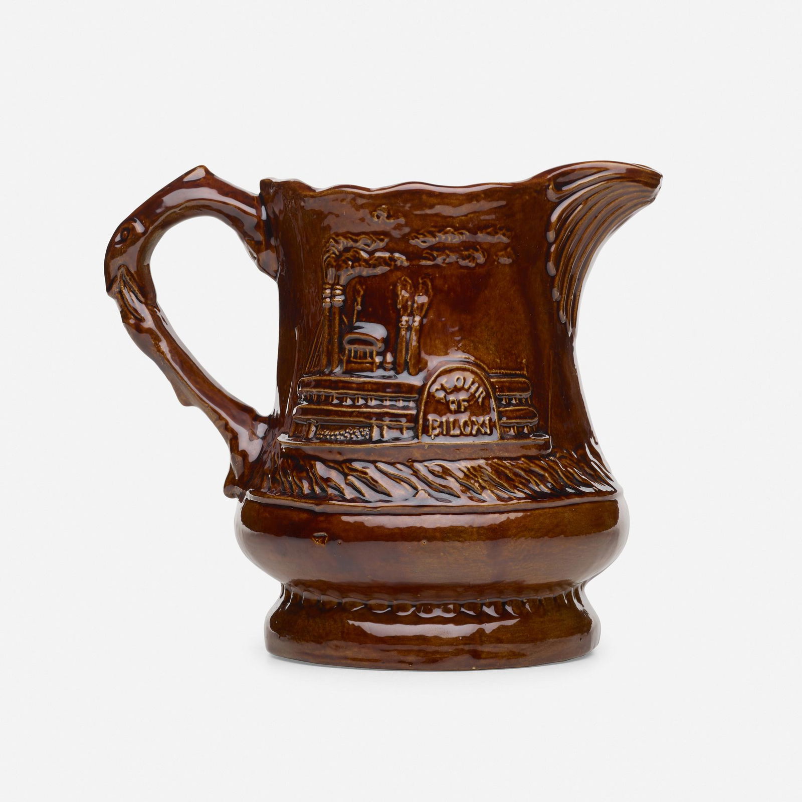In the manner of George E. Ohr, reproduction pitcher: In the manner of George E. Ohr reproduction pitcher USA, c. 1975glazed earthenware9.25 h × 10 w × 7.25 d in (23 × 25 × 18 cm) Incised signature to underside 'Original Ge.