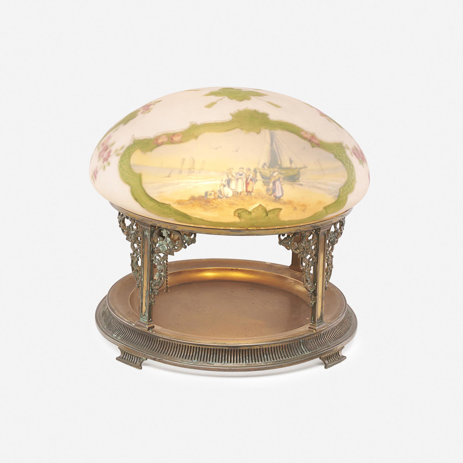 Pairpoint, table lamp: Pairpoint table lamp USA, c. 1920 obverse- and reverse-painted acid-etched glass, patinated metal 14 h × 16 dia in (36 × 41 cm) Lamp features planter base and Vienna shade with seascape