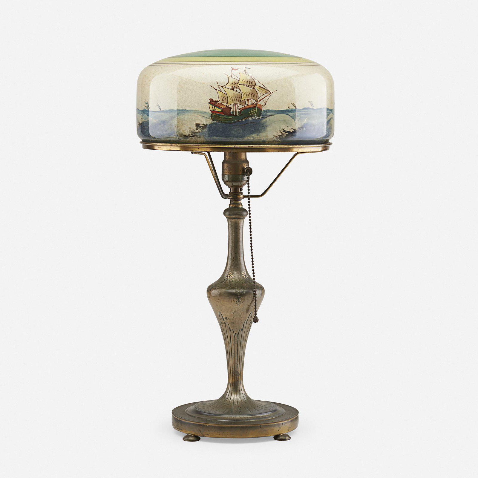 Pairpoint, table lamp: Pairpoint table lamp USA, c. 1920 reverse-painted glass, patinated metal 21 h × 10.5 dia in (53 × 27 cm) Lamp features Vienna shade with nautical scene. Stamped manufacturer's mark to b