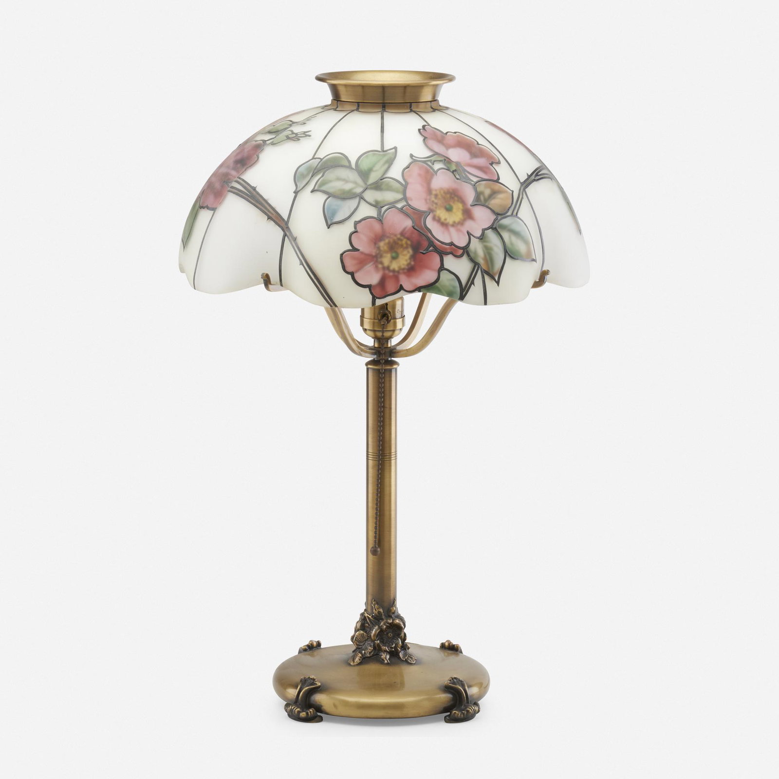 Pairpoint, table lamp: Pairpoint table lamp USA, c. 1920 reverse-painted and enameled frosted glass, patinated metal 21.25 h × 13.5 dia in (54 × 34 cm) Lamp features Plymouth shade with roses. Stamped manufac