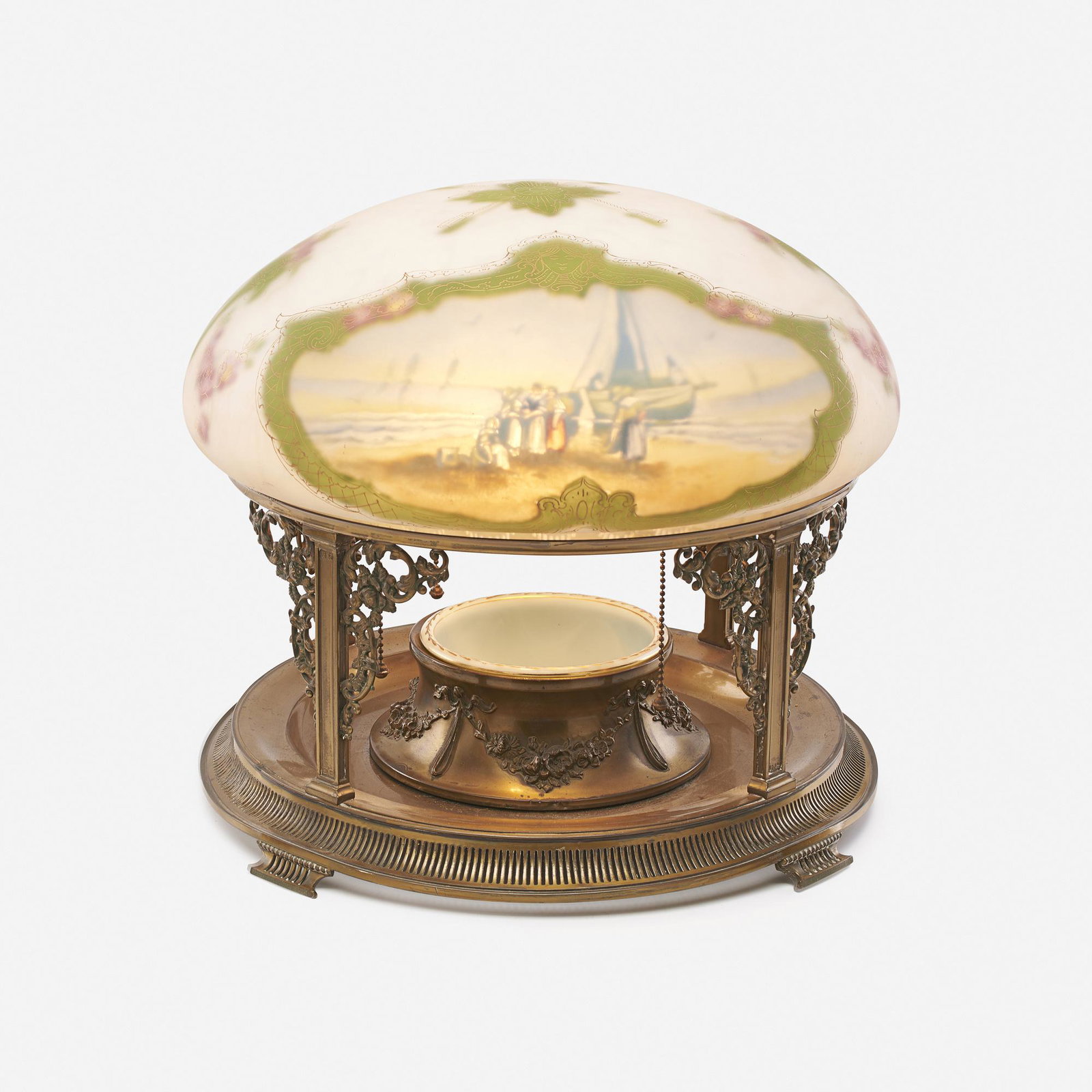 Pairpoint, table lamp: Pairpoint table lamp USA, c. 1920 obverse- and reverse-painted acid-etched glass, milk glass, patinated metal 14 h × 16 dia in (36 × 41 cm) Lamp features planter base and Vienna shade w