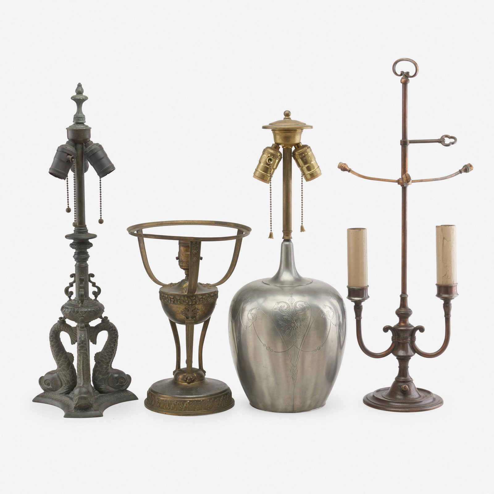 Pairpoint, lamp bases, set of four: Pairpoint lamp bases, set of four USA, 20th c. patinated metal, lacquered paper Tallest example measures 23.5 h inches. All marked. Provenance: Collection of Edward and Sheila Ma