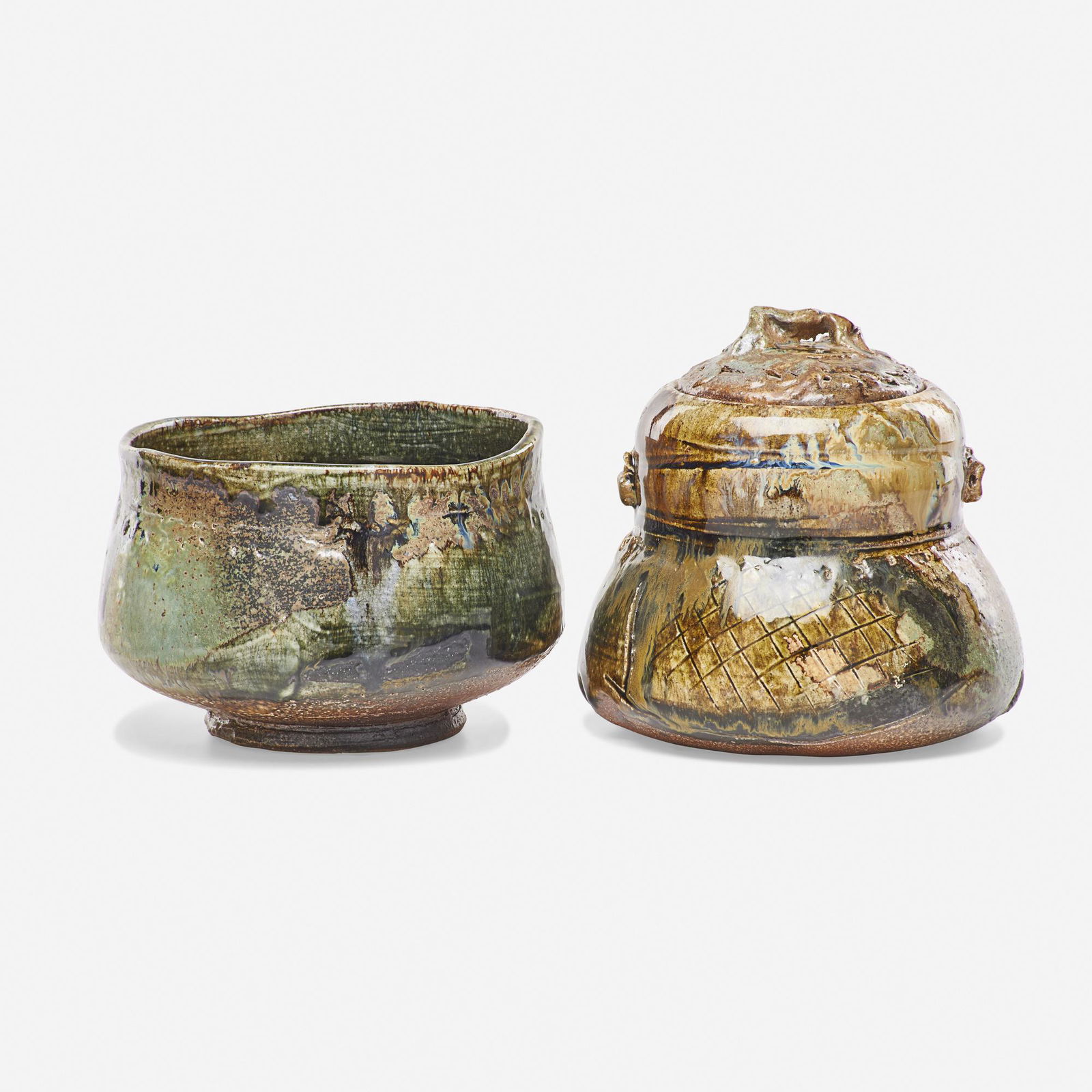 Don Reitz, jar and bowl: Don Reitz jar and bowl 1993salt-glazed stoneware Jar measures: 6.5 dia x 6.25 h inches. Bowl measures: 6.5 dia x 4.5 h inches. Incised signature and date to underside of each example 'Reitz 93'.