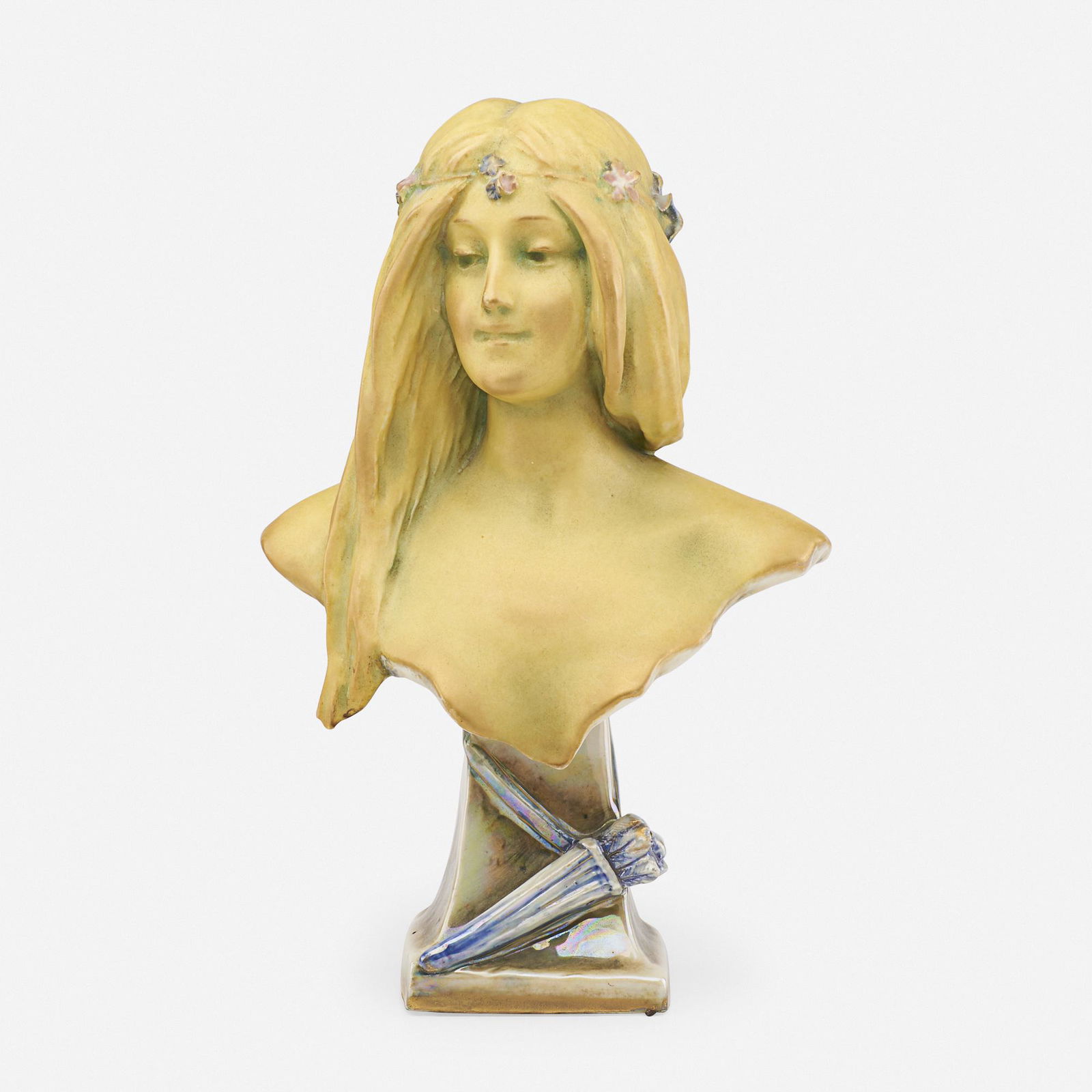 Riessner, Stellmacher & Kessel, bust of a maiden: Riessner, Stellmacher & Kessel bust of a maiden Austria, c. 1906glazed porcelain12.5 h × 7.75 w × 6 d in (32 × 20 × 15 cm) Stamped and numbered to interior 'Turn-Teplitz,