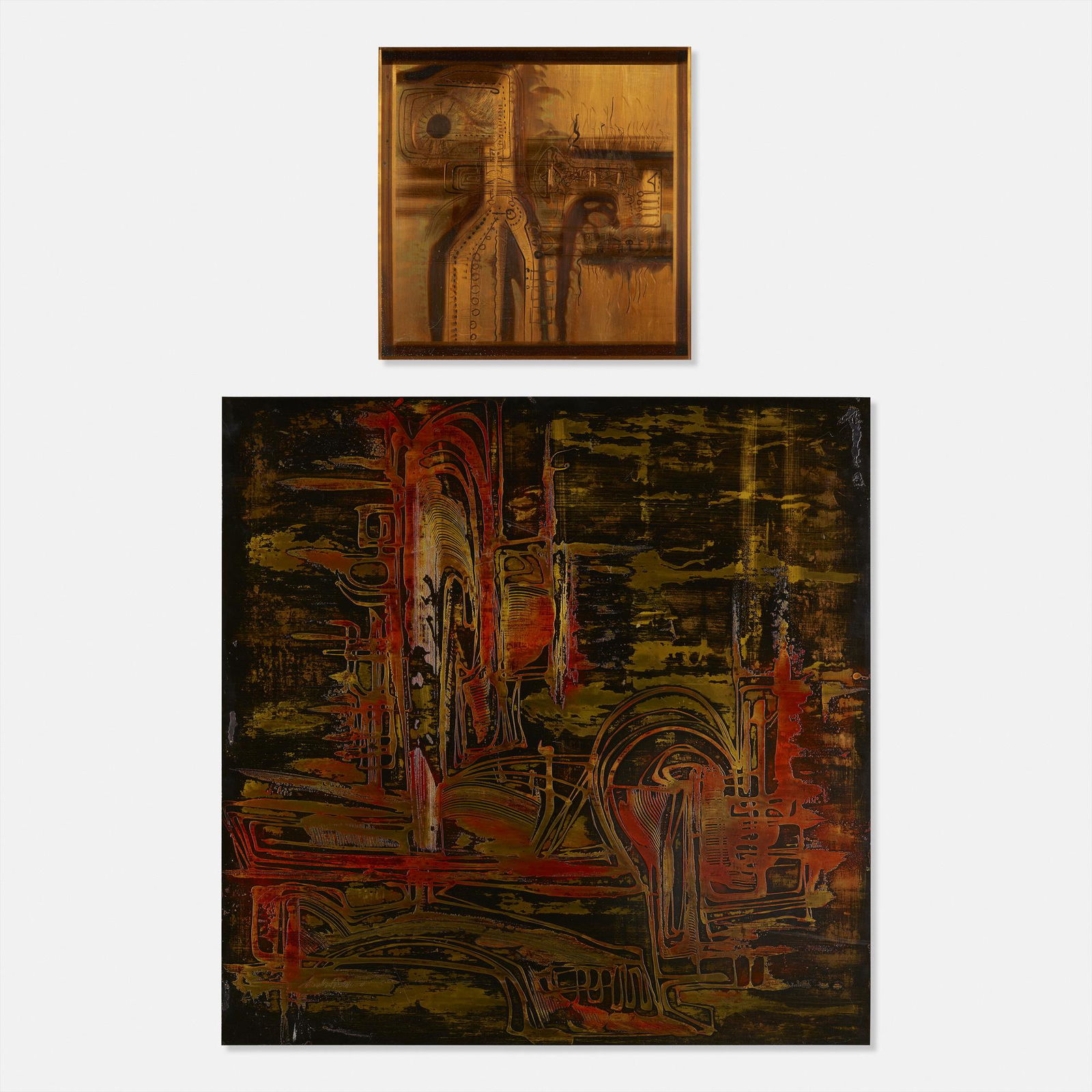 Bernhard Rohne, Untitled (two works): Bernhard Rohne Untitled (two works) Metallic Design Studio1971, 1977acid-etched brass, composite plastic, laminated wood24 h × 23.75 w × 1.75 d in (61 × 60 × 4 cm) A