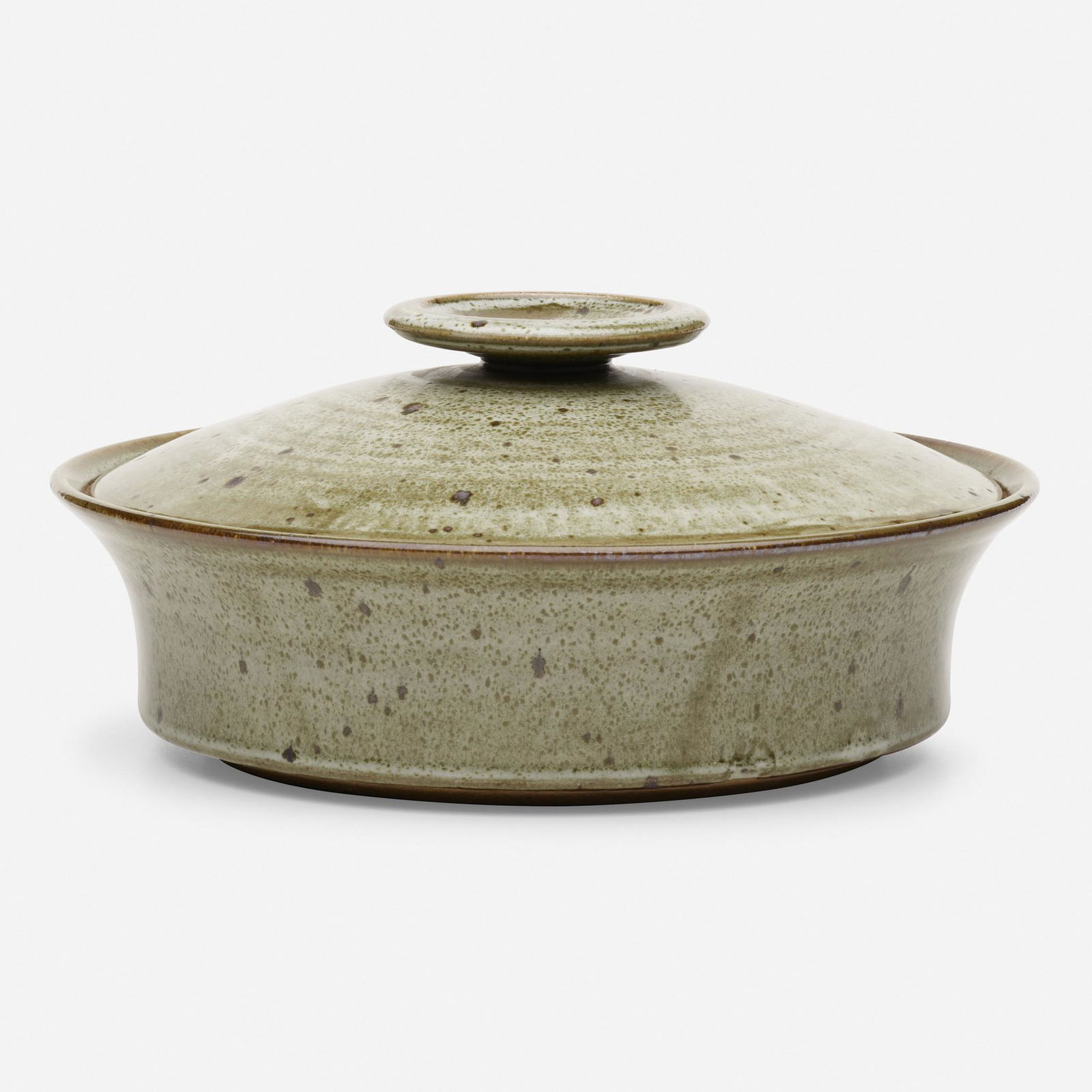 Robert Turner, lidded vessel: Robert Turner lidded vessel USA, c. 1960glazed stoneware5.5 h × 12 dia in (14 × 30 cm) Incised signature to underside 'Turner'.