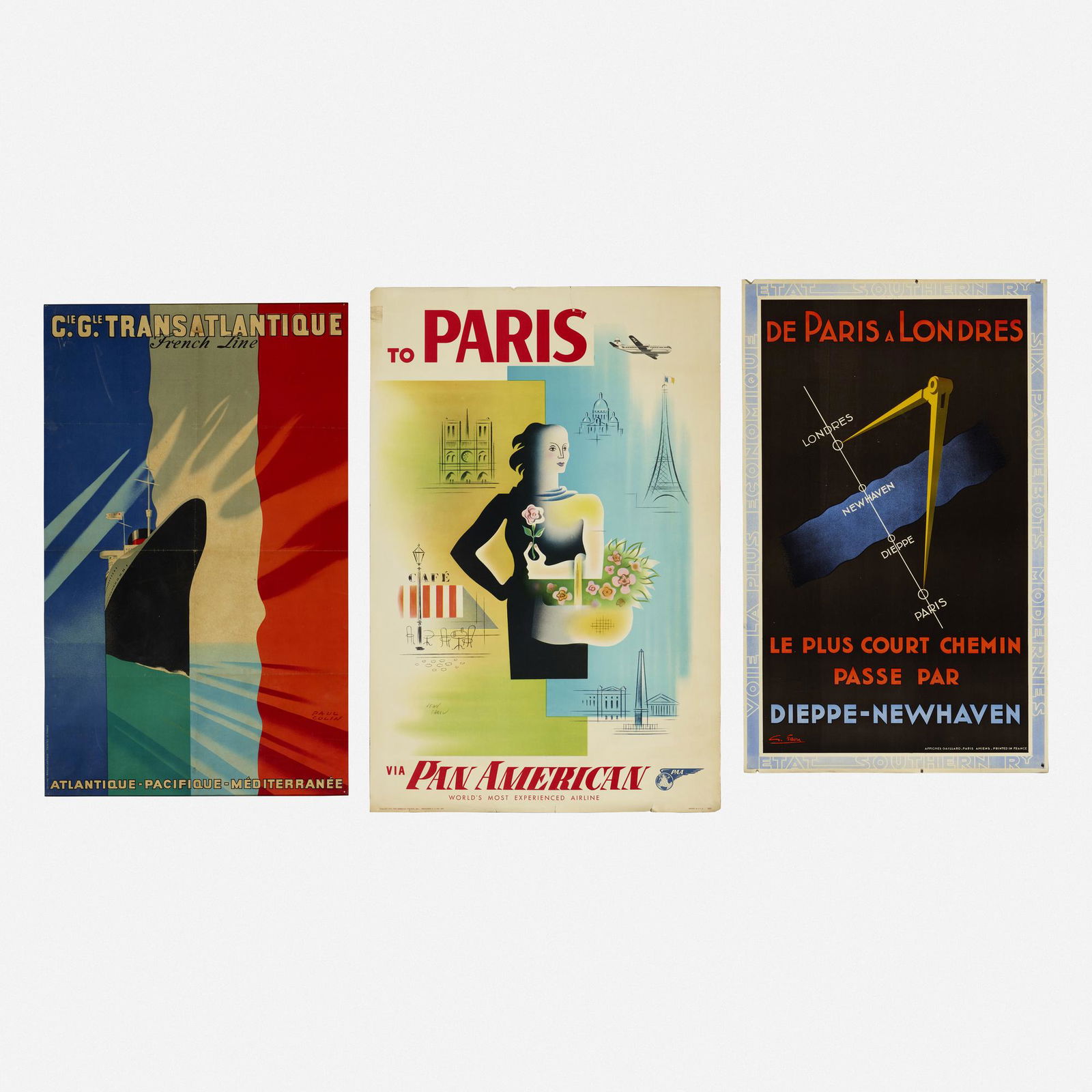 Various Artists, vintage travel posters: Various Artists vintage travel posters, collection of three lithographs in colors42 h × 28 w in (107 × 71 cm) Includes: Jean Carlu, Paris: Pan American, 1954, Gearges Favre, De Pa
