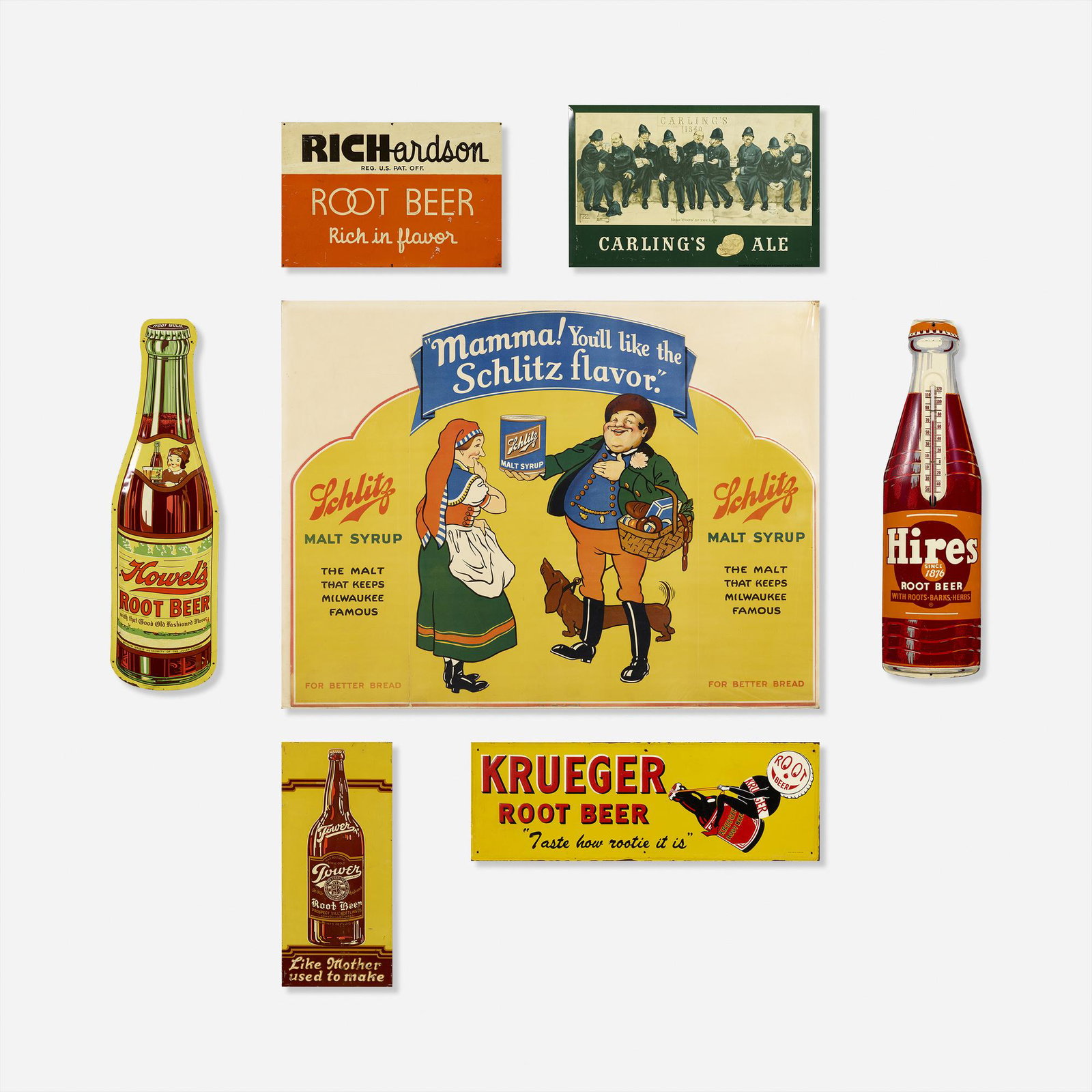 Vintage, beverage signs, collection of seven: Vintage beverage signs, collection of seven USA, 20th century enameled tin, printed cardboard, thermometer 31.25 h × 41 w in (79 × 104 cm) Collection comprised of a Schlitz Malt Syrup t