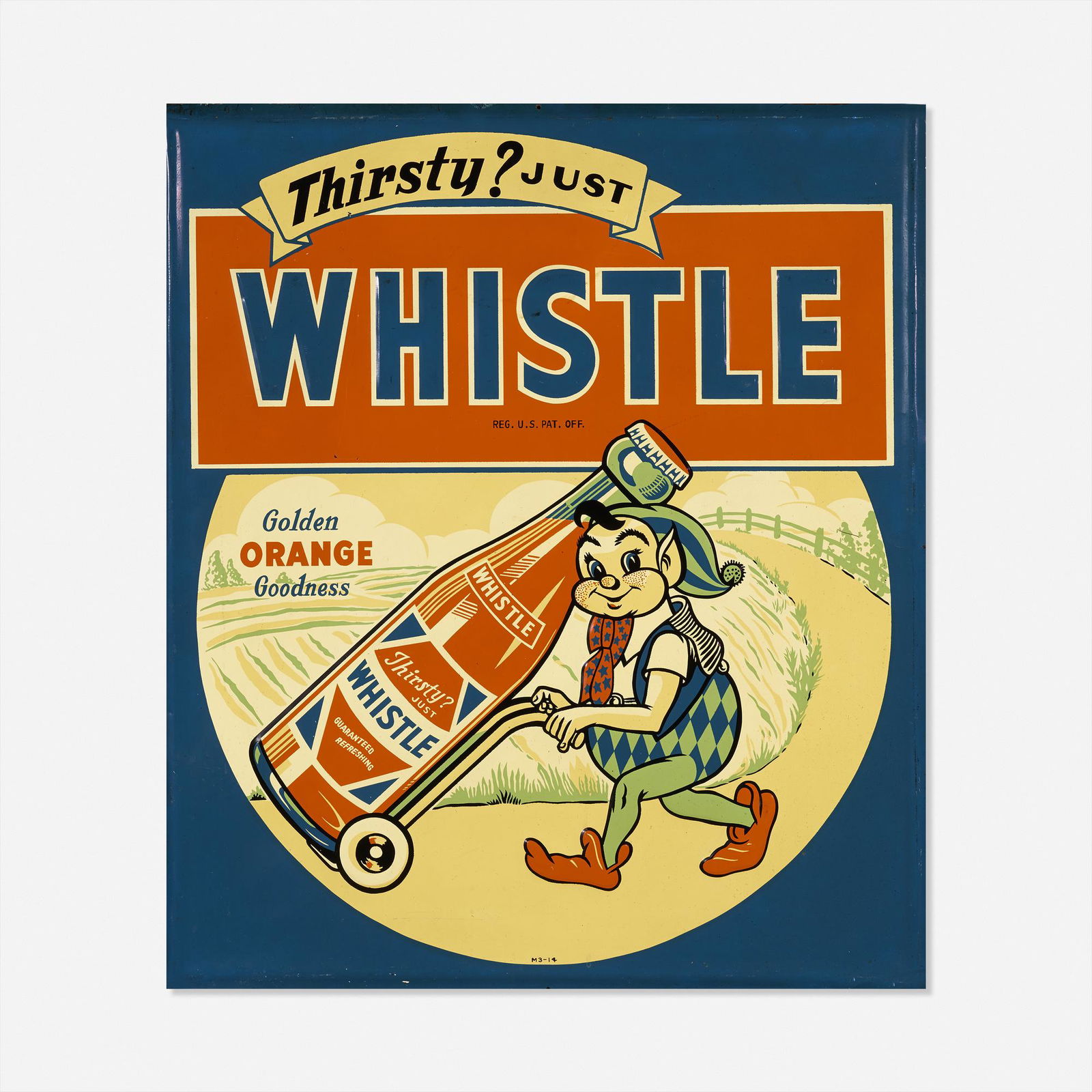 Vintage, Whistle Orange Soda sign: Vintage Whistle Orange Soda sign USA, c. 1950enameled tin30 h × 26 w in (76 × 66 cm) Enameled manufacturer's mark the artwork 'Reg. U.S. Pat. Off. M3-14'.