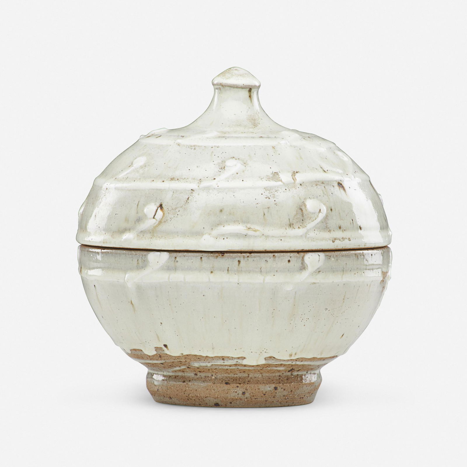Takeshi Yasuda, lidded jar: Takeshi Yasuda lidded jar England, 1982-3glazed stoneware9 h × 8.25 dia in (23 × 21 cm) Sold with artist letter and sketch. Provenance: Acquired directly from