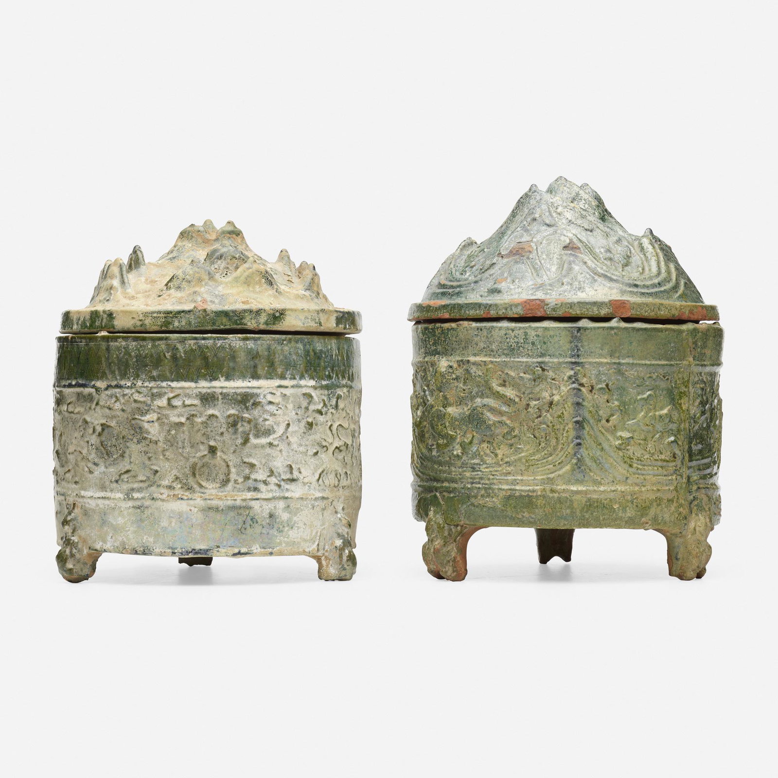 Chinese, 'Hill' jars, set of two: Chinese 'Hill' jars, set of two Han Dynasty glazed earthenware 9.75 h × 7.5 dia in (25 × 19 cm) Additional example measures: 7.75 dia x 8.5 h inches. please note: Th
