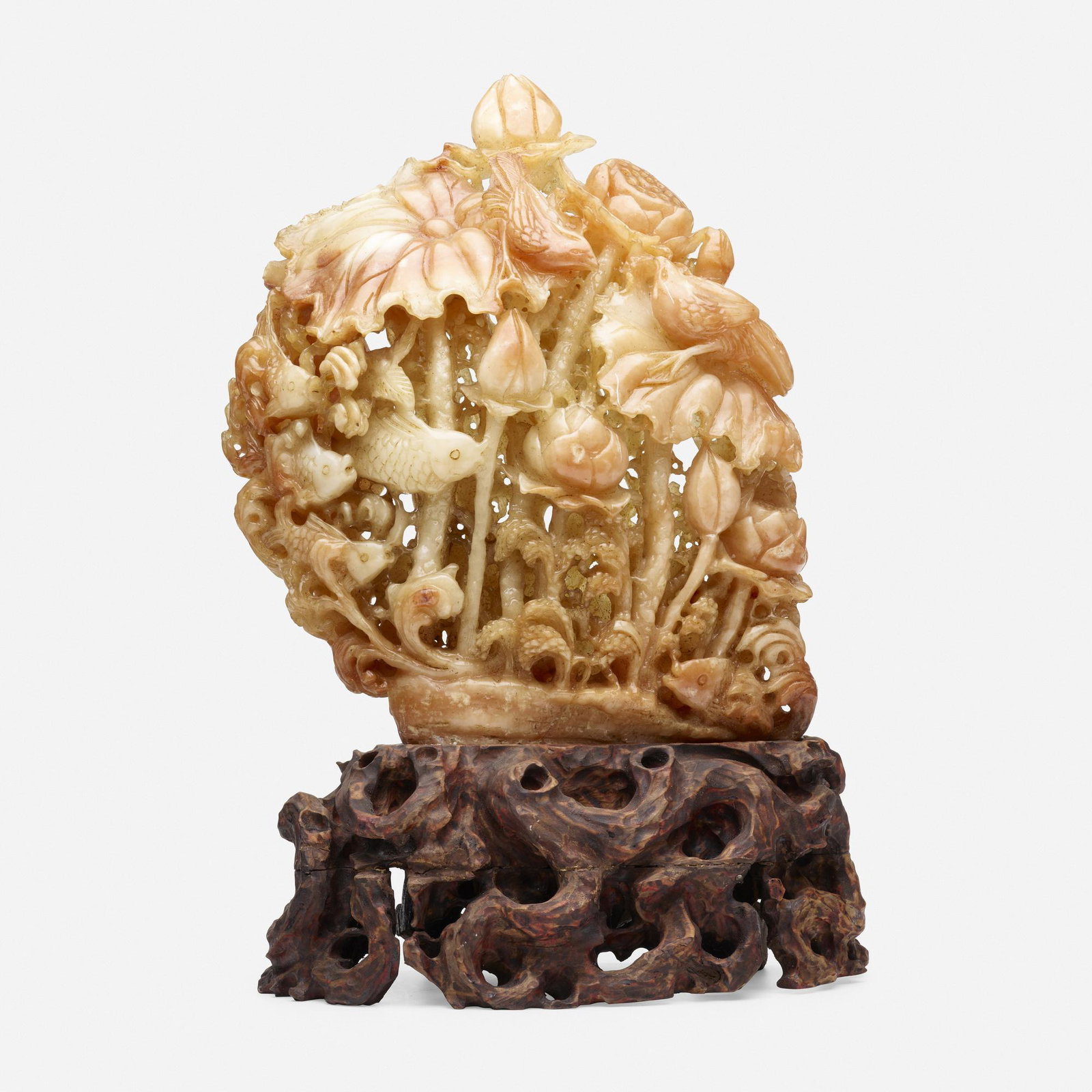 Chinese, Large carnelian 'Carp and Lotus' group: Chinese Large carnelian 'Carp and Lotus' group 21 h × 13 w × 6 d in (53 × 33 × 15 cm) Sold with a carved wood base. please note: This work is located at, and
