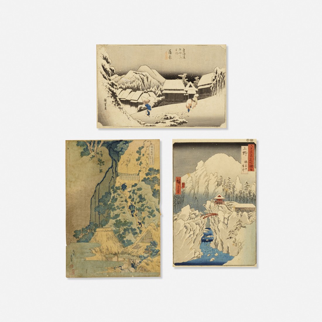 Japanese, Ukiyo-e color woodblock prints: Japanese Ukiyo-e color woodblock prints, collection of three 19th century 15 h × 10.25 w in (38 × 26 cm) Lot is comprised of Kannon Shrine at Kiyo Falls by Katsushika Hokusai and Snow at Kamba