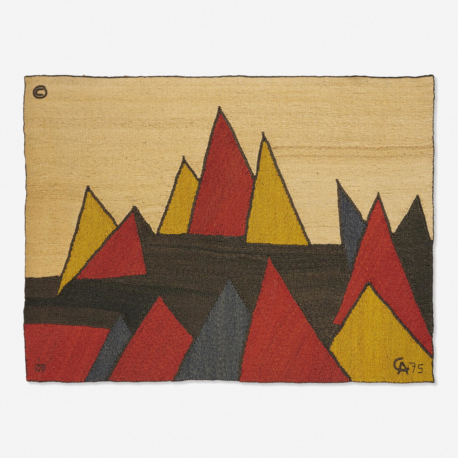 After Alexander Calder, Pyramids tapestry: After Alexander Calder Pyramids tapestry CAC Publications/Bon Art USA, 1975 hand-woven maguey fiber 72.5 h × 96 w in (184 × 244 cm) Woven signature, date, and number to lower left