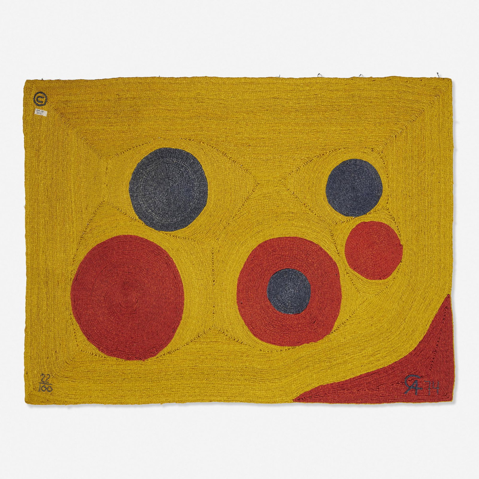 After Alexander Calder, Sun tapestry: After Alexander Calder Sun tapestry CAC Publications/Bon Art USA, 1974 hand-woven maguey fiber 72.5 h × 96.5 w in (184 × 245 cm) Woven signature, date, and number to lower left and