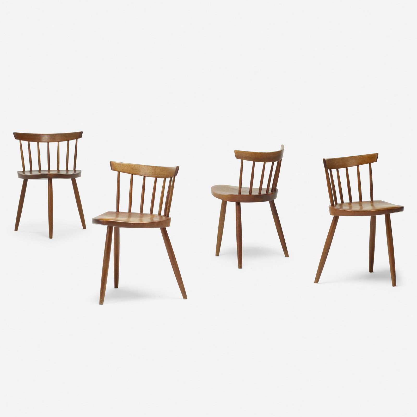 George Nakashima, Mira chairs, set of four: George Nakashima Mira chairs, set of four Nakashima Studio USA, 1968 American black walnut 27 h × 17 w × 16.5 d in (69 × 43 × 42 cm) Signed with client name to underside of each example 'Groeg