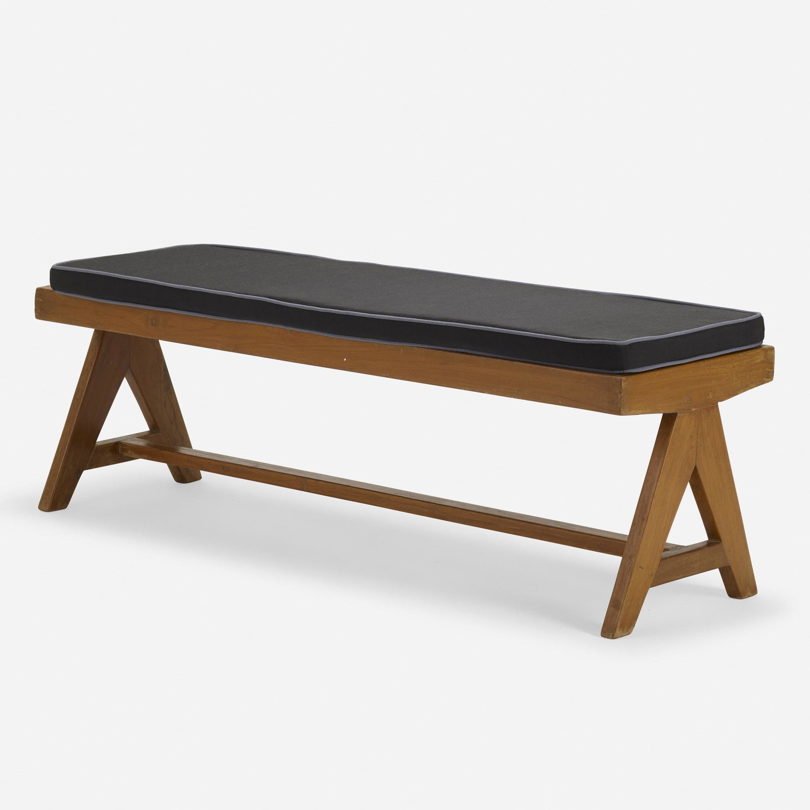 Pierre Jeanneret, bench: Pierre Jeanneret bench from the M.L.A. Flats building, Chandigarh France/India, c. 1955 teak, upholstery 17.5 h × 54.5 w × 18 d in (44 × 138 × 46 cm) Provenance: