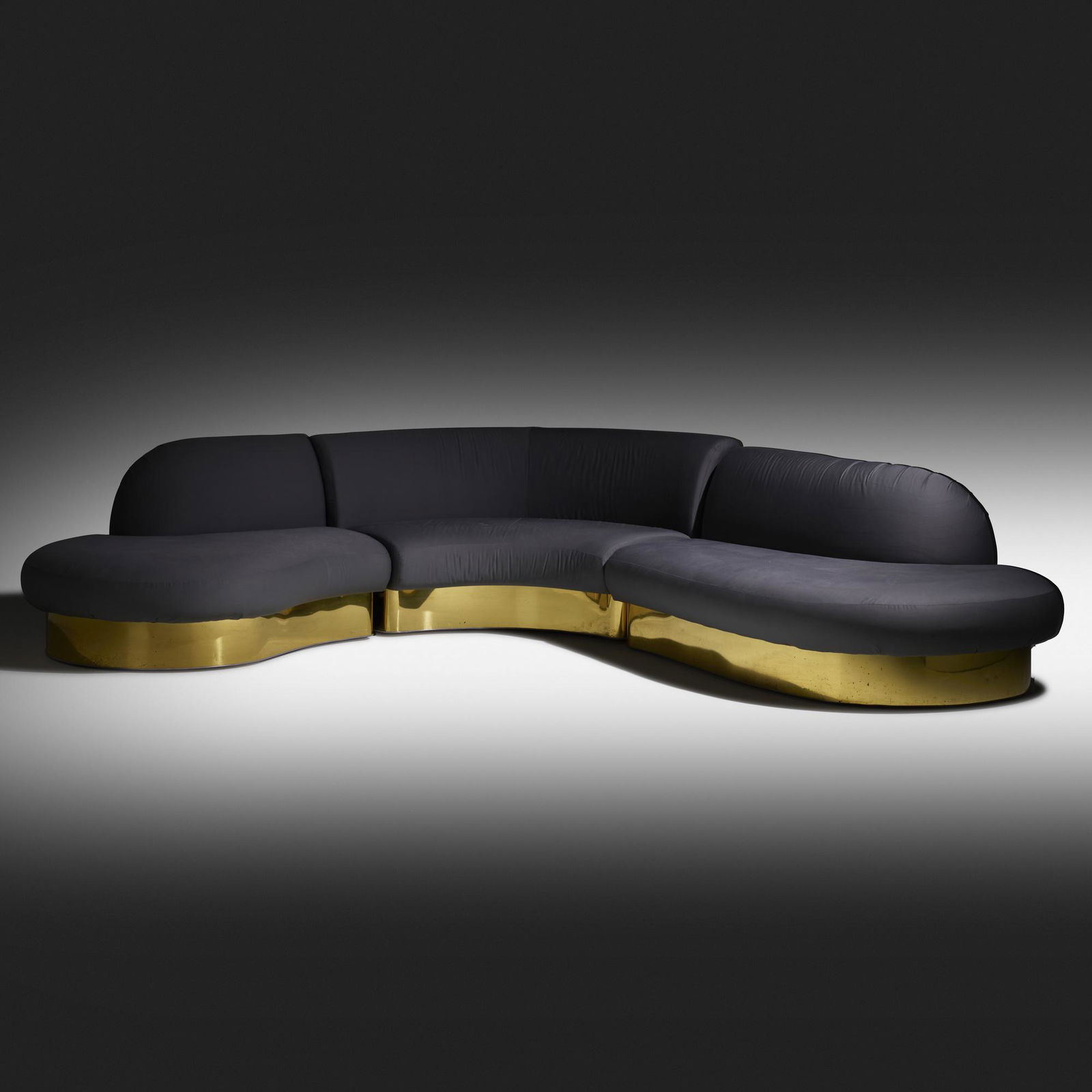 Milo Baughman, sectional sofa: Milo Baughman sectional sofa Thayer CogginUSA, c. 1970upholstery, brass33.5 h × 166.5 w × 93 d in (85 × 423 × 236 cm) Fabric manufacturer's label to underside of eac