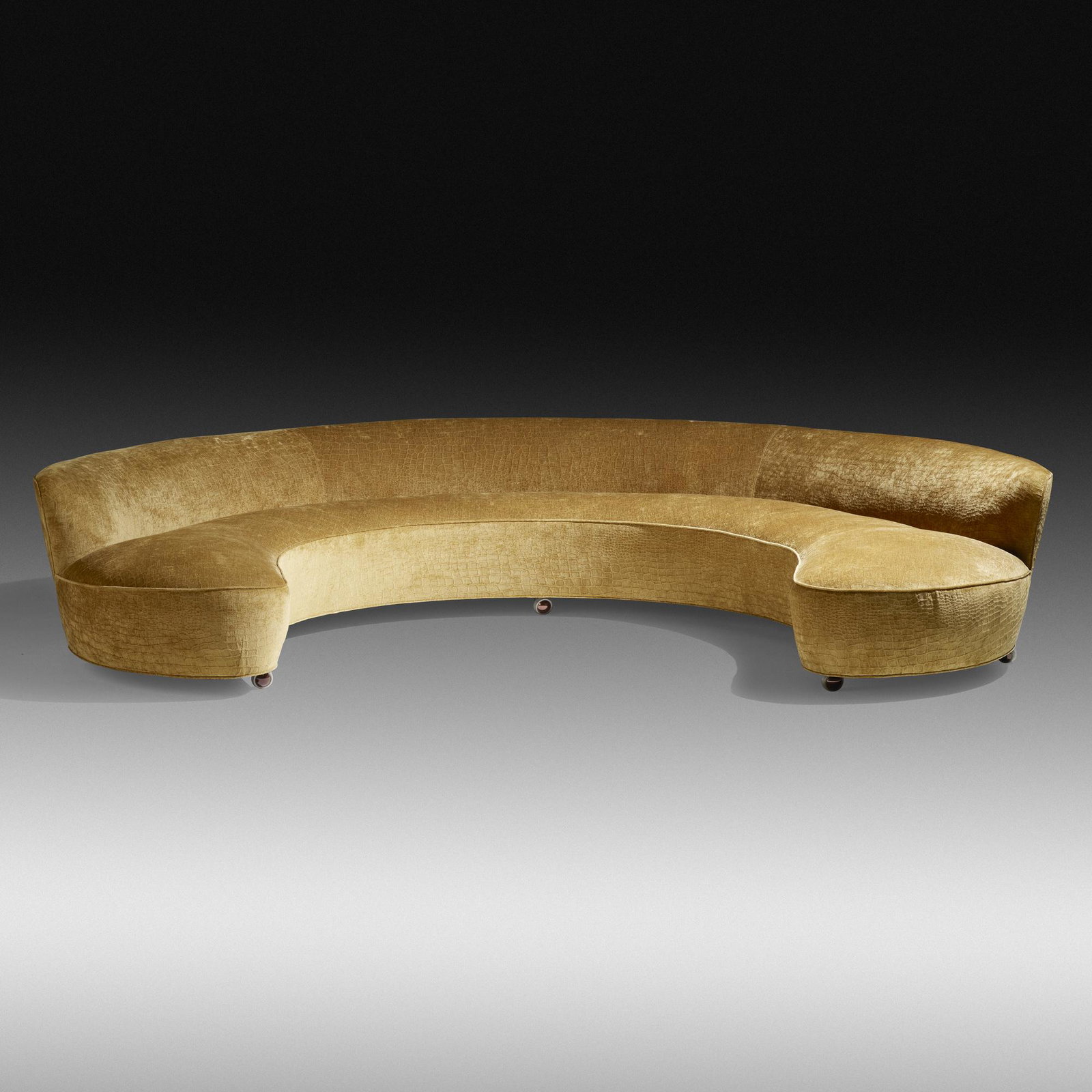 Vladimir Kagan, Rare and Early sofa: Vladimir Kagan Rare and Early sofa Kagan-Dreyfuss, Inc. USA, c. 1950 upholstery, casters 24 h × 120 w × 89.5 d in (61 × 305 × 227 cm) Provenance: Colle