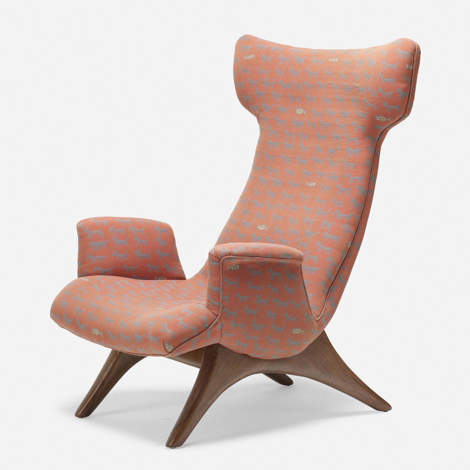 Vladimir Kagan, Wing lounge chair: Vladimir Kagan Wing lounge chair Vladimir Kagan Designs, Inc. USA, 1958 / c. 1967 upholstery, walnut 41 h × 31 w × 32 d in (104 × 79 × 81 cm) Upholstery manufacturer's