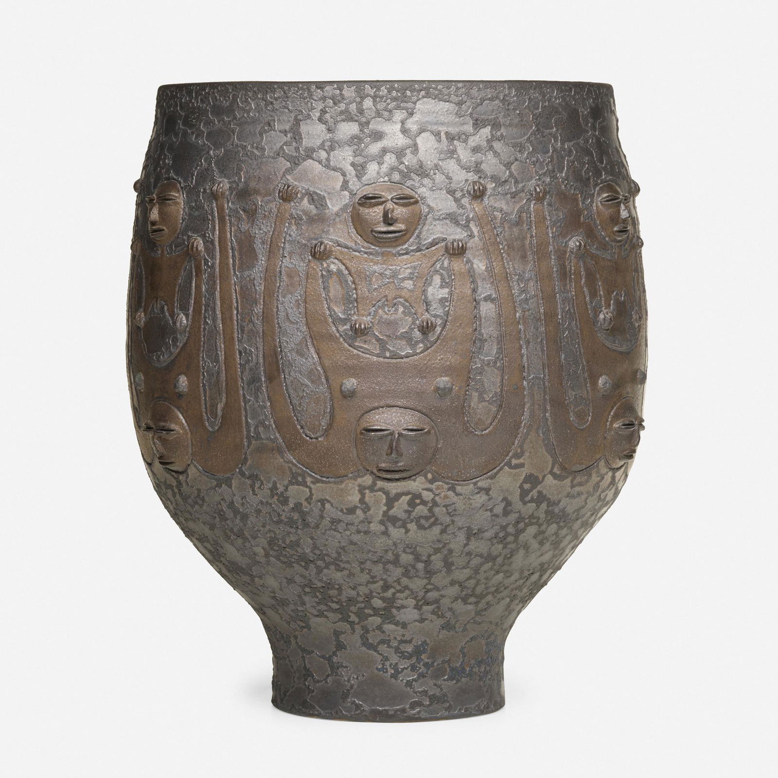 Edwin and Mary Scheier, Large chalice form: Edwin and Mary Scheier Large chalice form USA, 1983carved and glazed stoneware14.25 h × 11.75 dia in (36 × 30 cm) Incised signature and date to underside 'Scheier 83'.