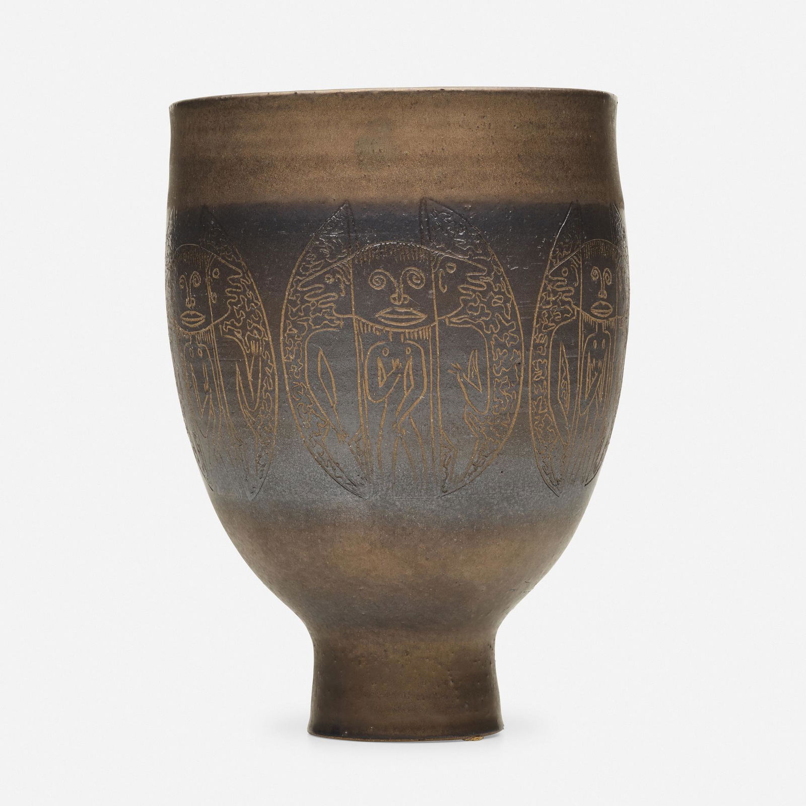 Edwin and Mary Scheier, Early chalice form: Edwin and Mary Scheier Early chalice form USA, c. 1955glazed stoneware with sgraffito decoration9.75 h × 7 dia in (25 × 18 cm) Incised signature to underside 'Scheier'.