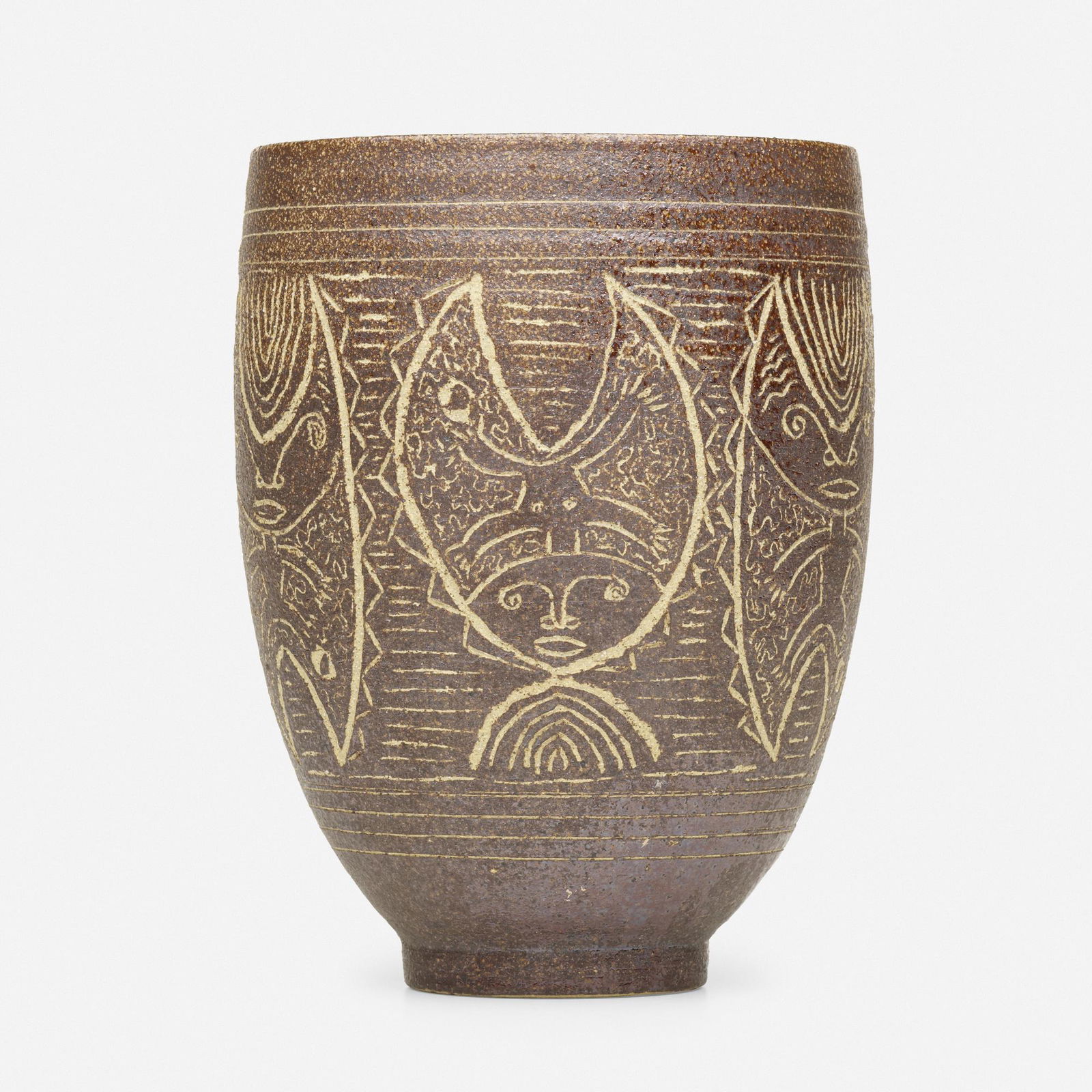 Edwin and Mary Scheier, Early vessel: Edwin and Mary Scheier Early vessel USA, c. 1955glazed stoneware with sgraffito decoration7.25 h × 5.25 dia in (18 × 13 cm) Incised signature and number to underside 'Scheier 10A 1B'.