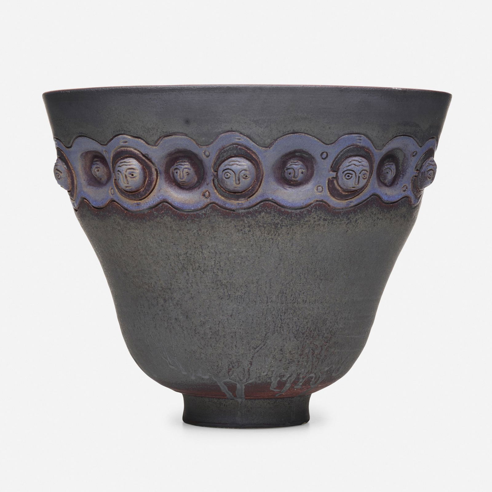 Edwin and Mary Scheier, vessel with heads: Edwin and Mary Scheier vessel with heads USA, 1992carved and glazed stoneware12.5 h × 14.75 dia in (32 × 37 cm) Incised signature and date to underside 'Scheier 92'. Pr