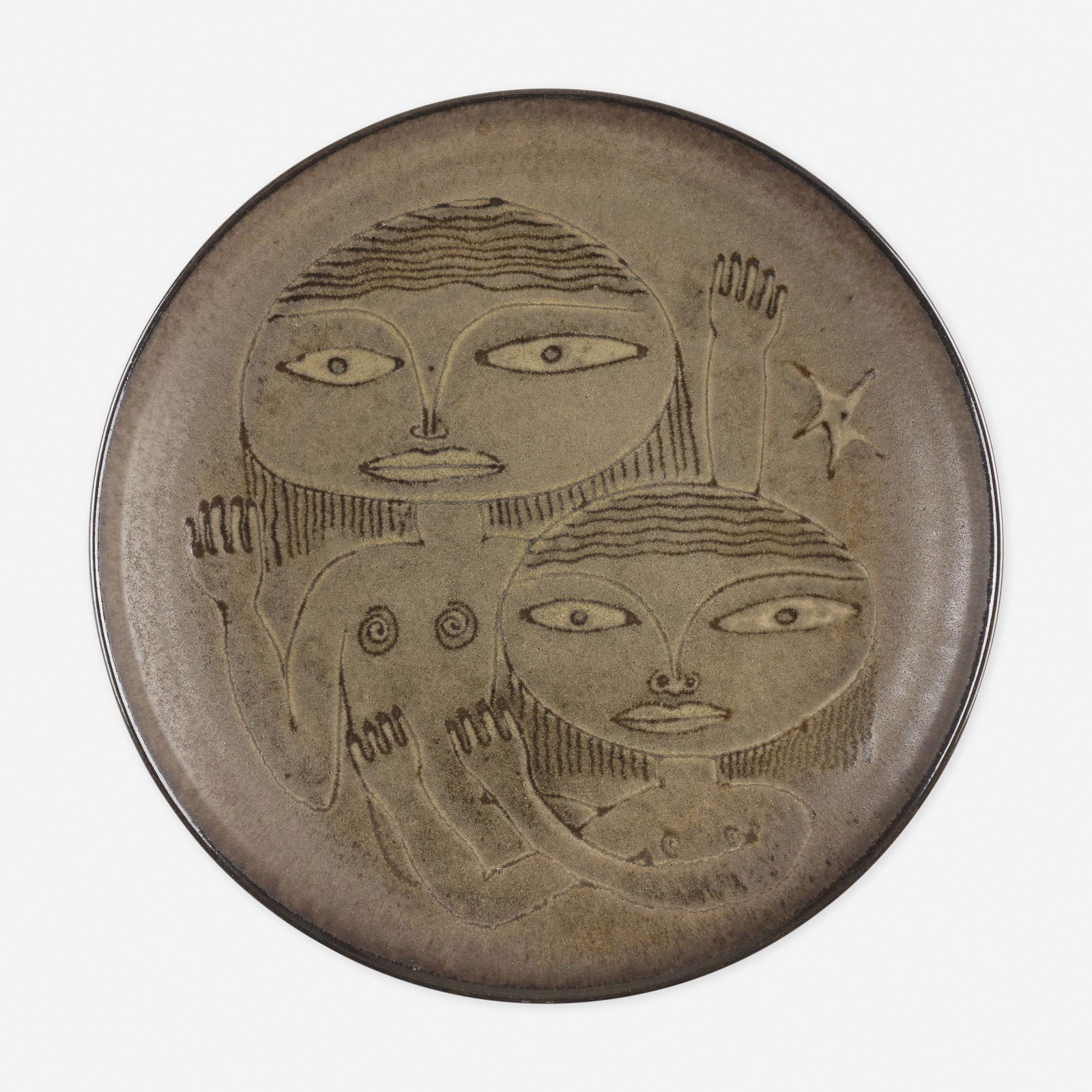 Edwin and Mary Scheier, Early plate: Edwin and Mary Scheier Early plate USA, c. 1951glazed stoneware11 dia in (28 cm) Incised signature to underside 'Scheier' with inscription 'Dorothy & David June 24 1951 from Timmy & Joddy'.