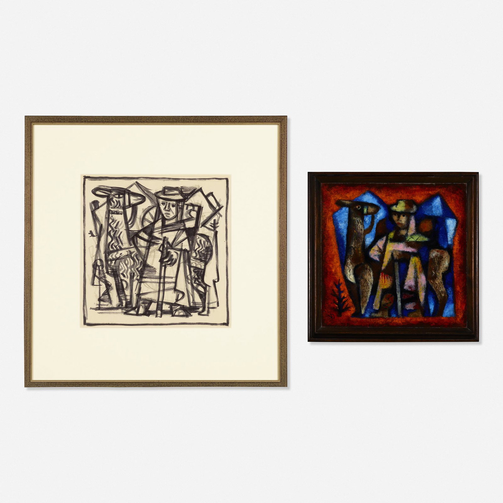 Karl Drerup, Untitled (farmer and llama): Karl Drerup Untitled (farmer and llama) enameled metal, ink on paper10.75 h × 10.75 d in (27 × 27 cm) Enameled signature to lower right recto 'KD'. Sold with preparatory drawing, measuring