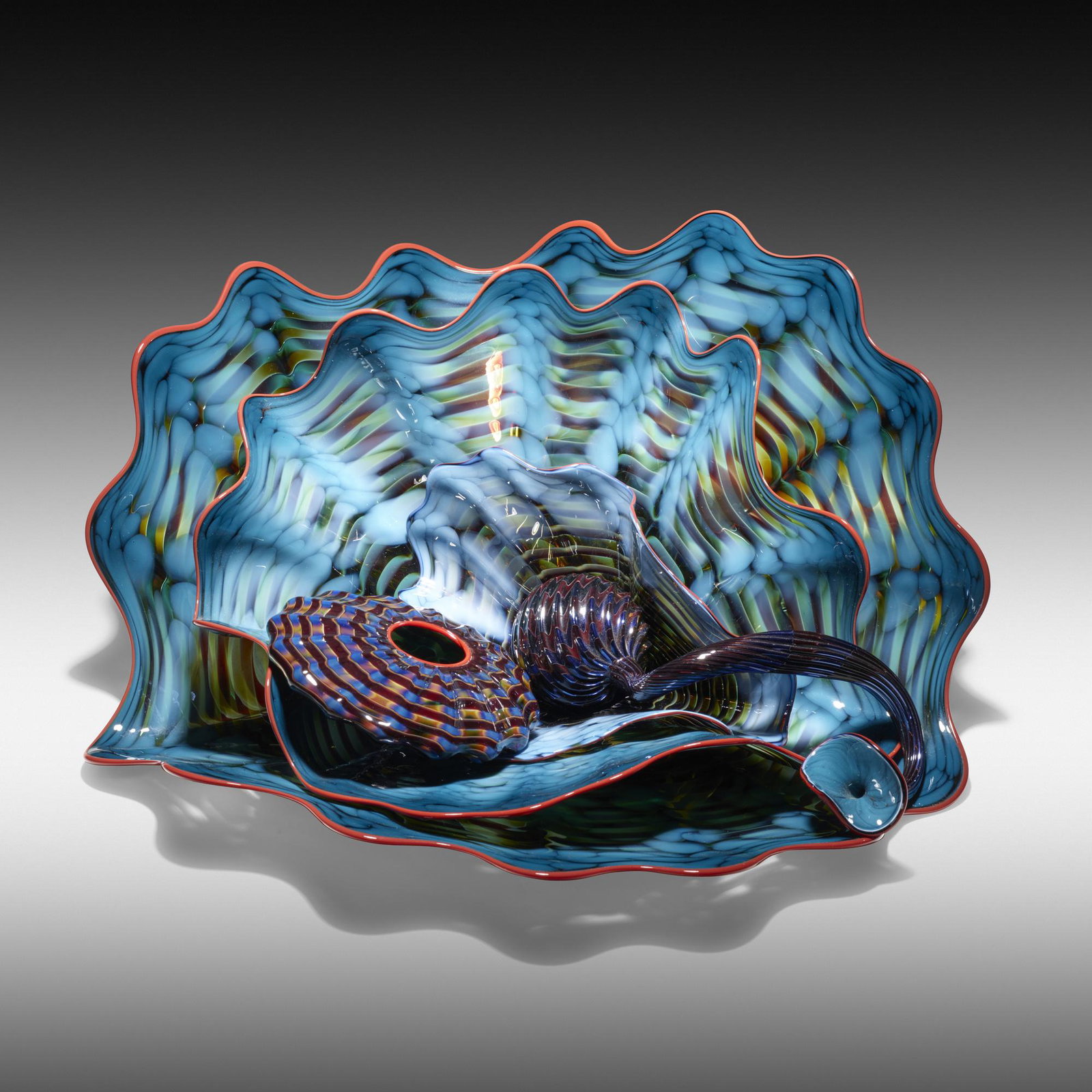 Dale Chihuly, Seaform Set: Dale Chihuly Seaform Set USA, 2001 hand-blown glass 7.5 h × 17 w × 16 d in (19 × 43 × 41 cm) Set is composed of five elements. Etched signature to one element 'Chihuly 01'.<