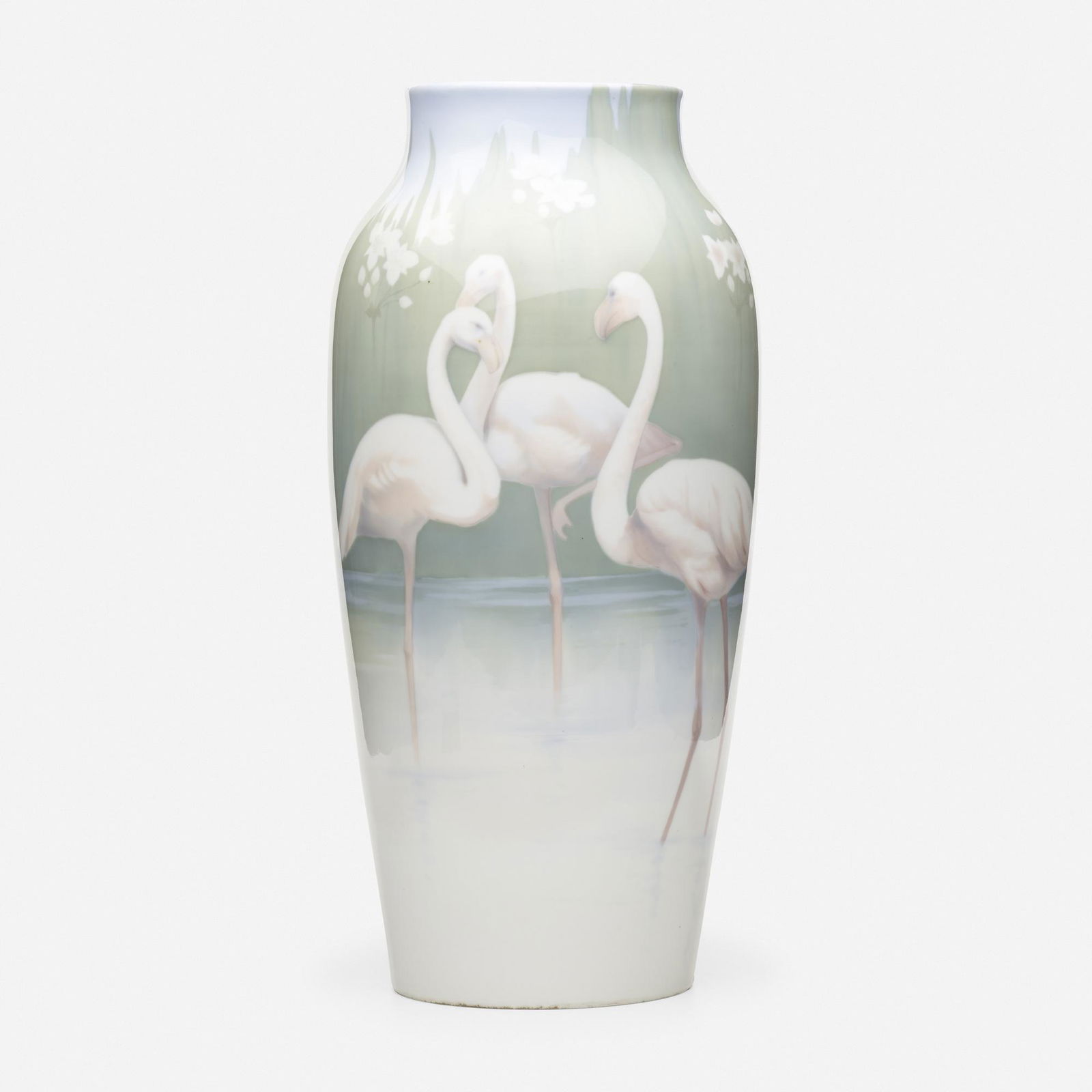 Karl Lindstrom for Rörstrand, Large vase with: Karl Lindstrom for Rörstrand Large vase with flamingoes Sweden, c. 1900glazed porcelain20.25 h × 9 dia in (51 × 23 cm) Stamped triple crown manufacturer's mark to underside 'Rörstrand