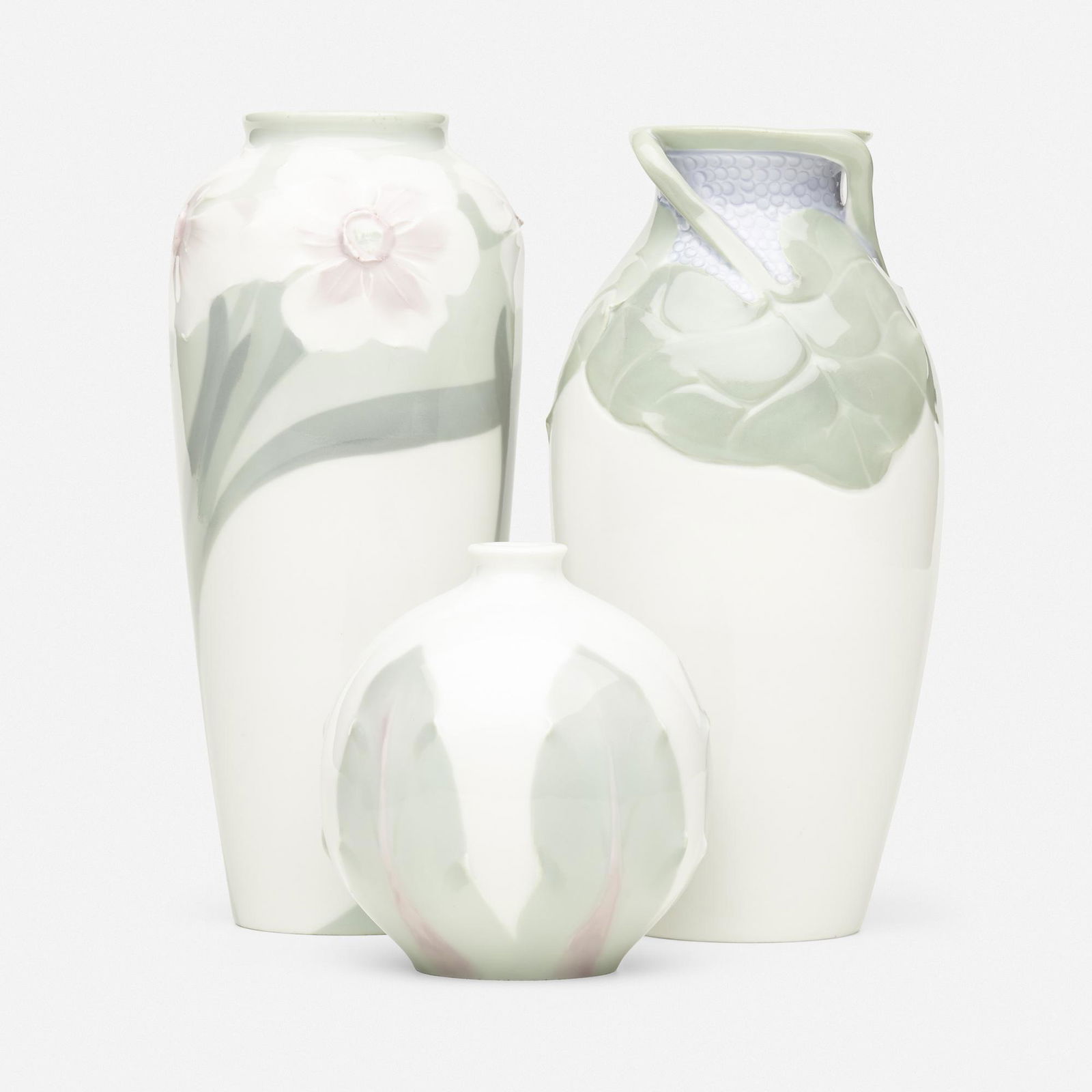 Rörstrand, vases, collection of three: Rörstrand vases, collection of three Sweden, c. 1900glazed porcelain7.5 h × 3 dia in (19 × 8 cm) Ink stamped manufacturer's mark to underside of each example 'Rörstrand'. Incised and