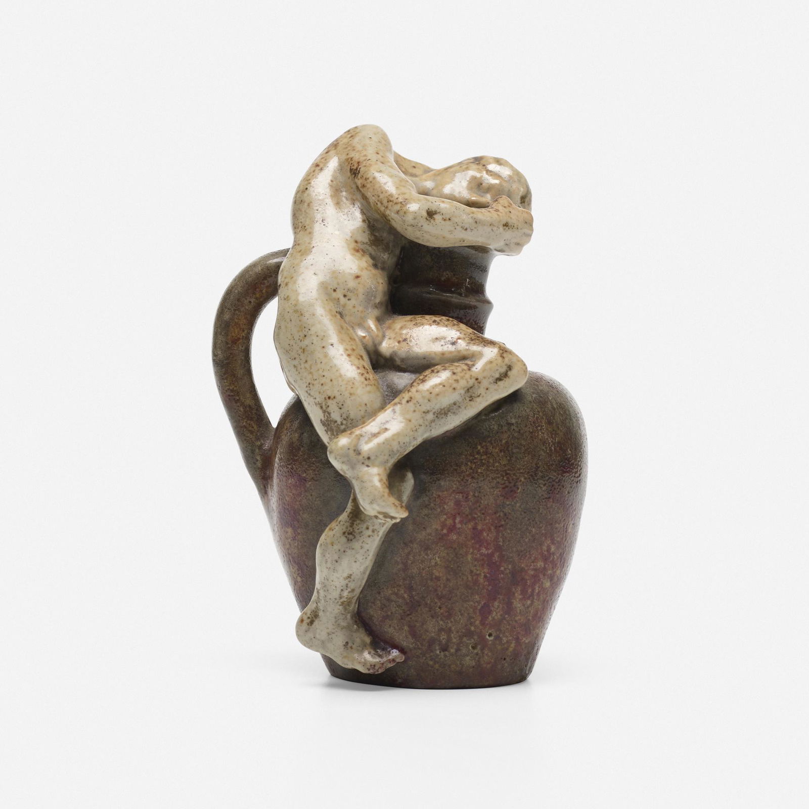 James Vibert for Emile Muller et Cie, figural jug: James Vibert for Emile Muller et Cie figural jug c. 1900glazed earthenware6 h × 4 w × 4.5 d in (15 × 10 × 11 cm) Vibert was a contemporary of Pierre-Adrien Dalpayrat. Impressed number to u