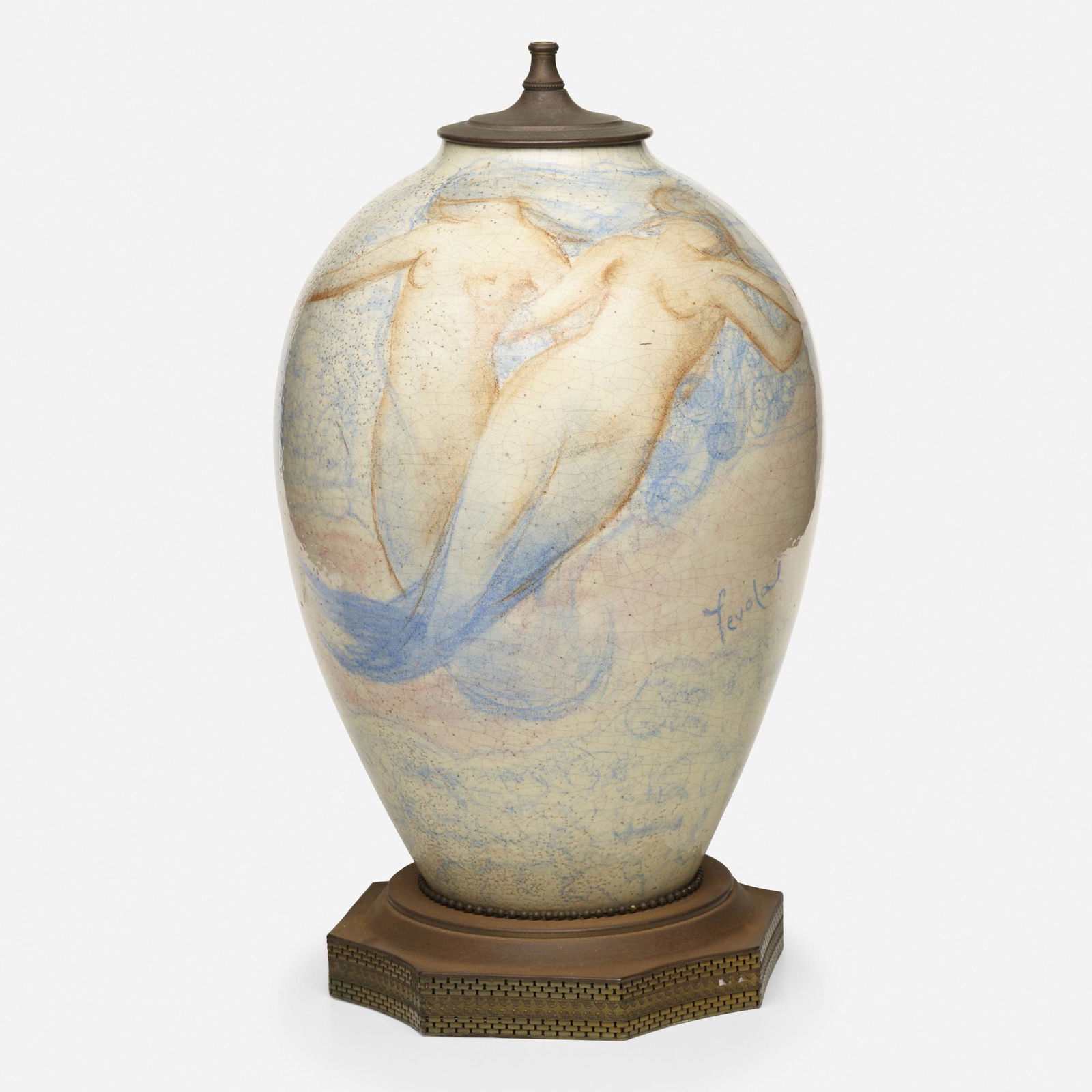 Fevola for Jean-Jacques Lachenal, mermaid lamp base: Félix-Pascal Févola for Jean-Jacques Lachenal mermaid lamp base France, c. 1925hand-painted glazed earthenware, mixed metals19.25 h × 10.5 dia in (49 × 27 cm) William Randolph Hearst