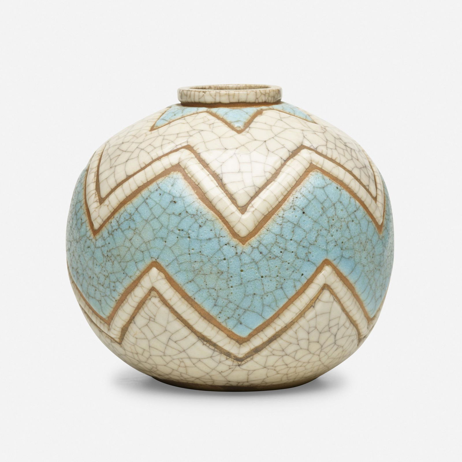 René Buthaud, Art Deco vase: René Buthaud Art Deco vase France, c. 1935peau-de-serpent (snakeskin) glazed earthenware, wax-resist decoration7 h × 7.5 dia in (18 × 19 cm) Glazed signature to underside 'RB'.