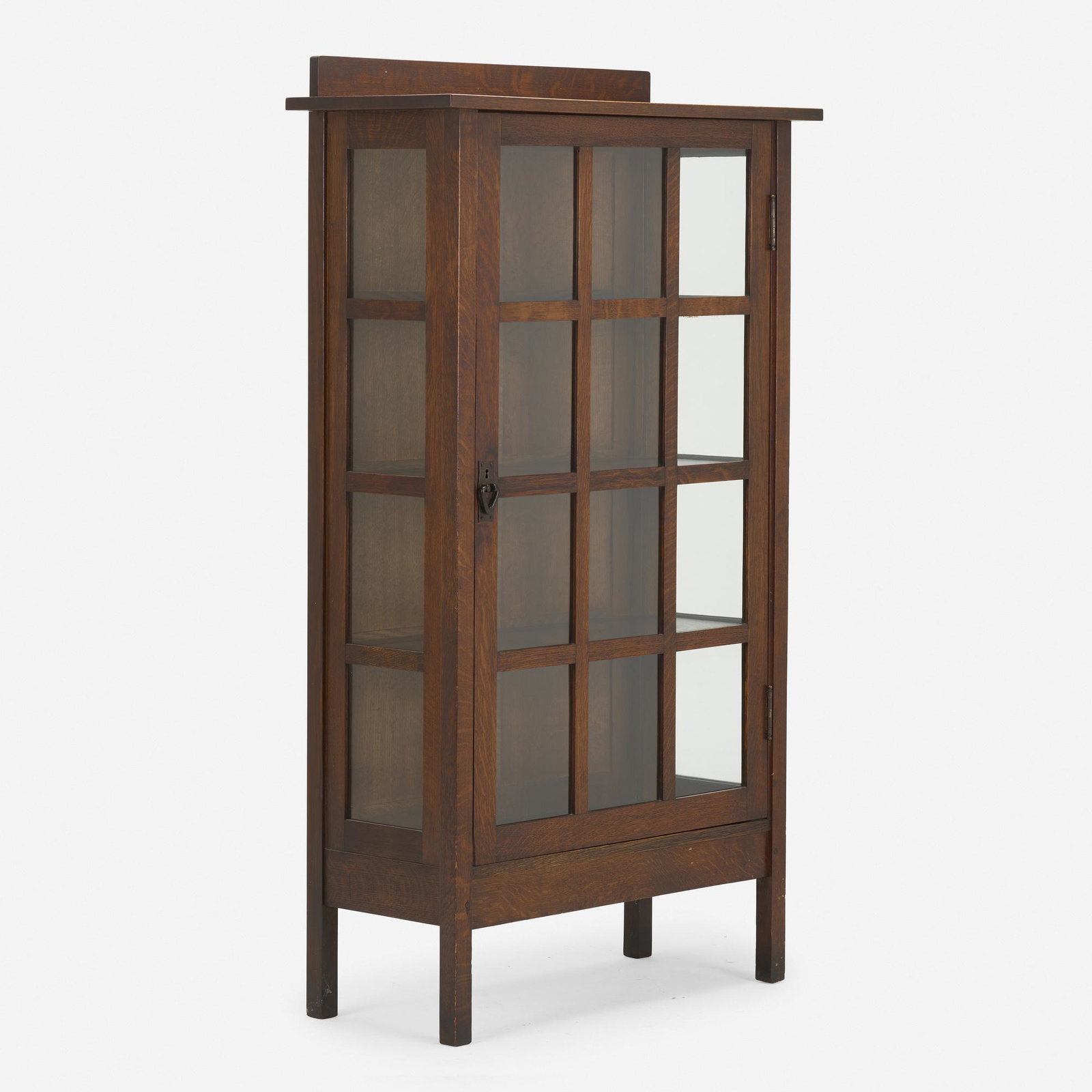 Gustav Stickley, china cabinet, model 820: Gustav Stickley china cabinet, model 820 USA, 1912-16 oak, copper, glass 62.5 h × 36 w × 15 d in (159 × 91 × 38 cm) Cabinet features one door concealing three fixed shelves.