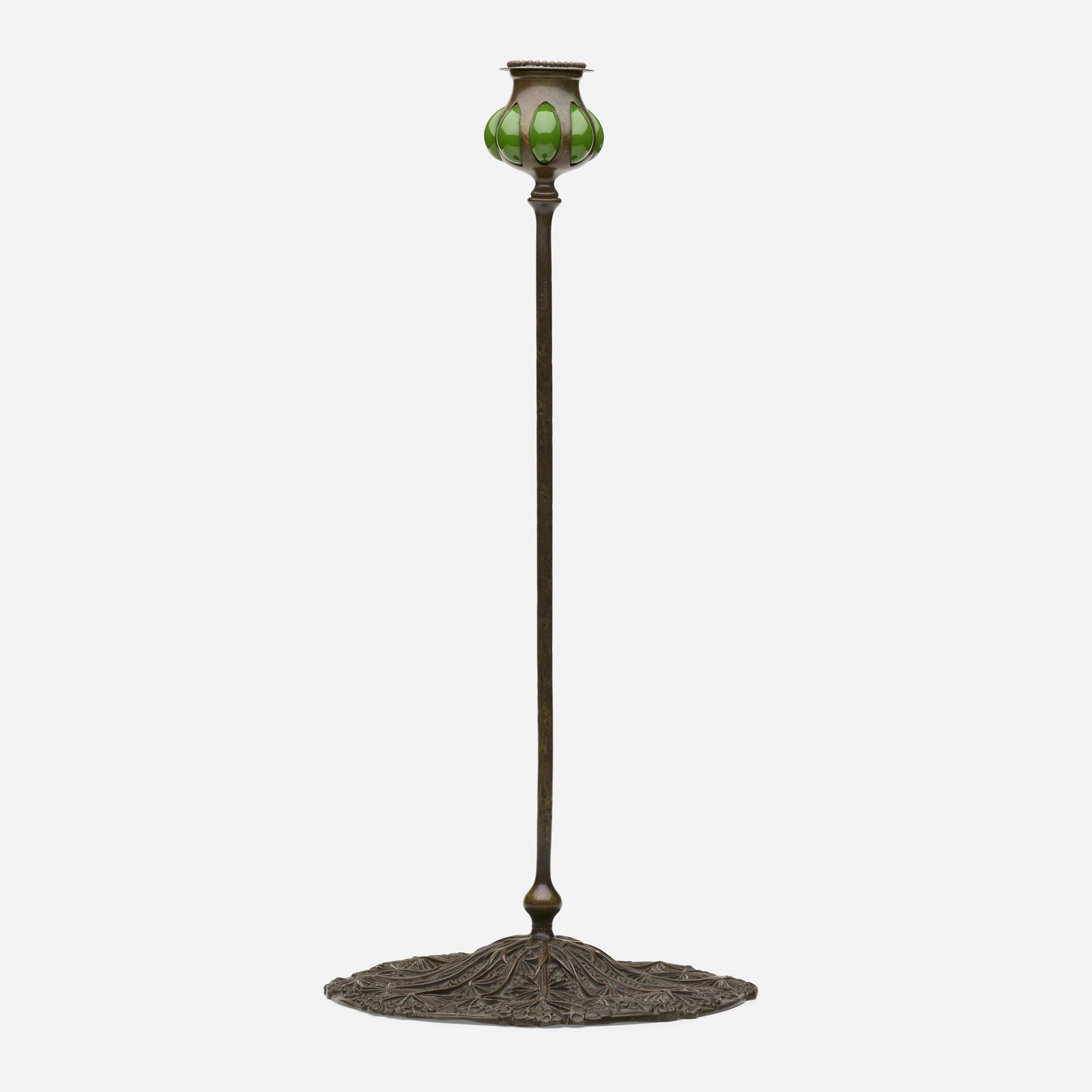 Tiffany Studios, Wild Carrot candlestick: Tiffany Studios Wild Carrot candlestick USA, c. 1902 patinated bronze, hand-blown glass 17.75 h × 8 dia in (45 × 20 cm) Impressed manufacturer's mark to underside 'TGDCo. Tiffany Studio