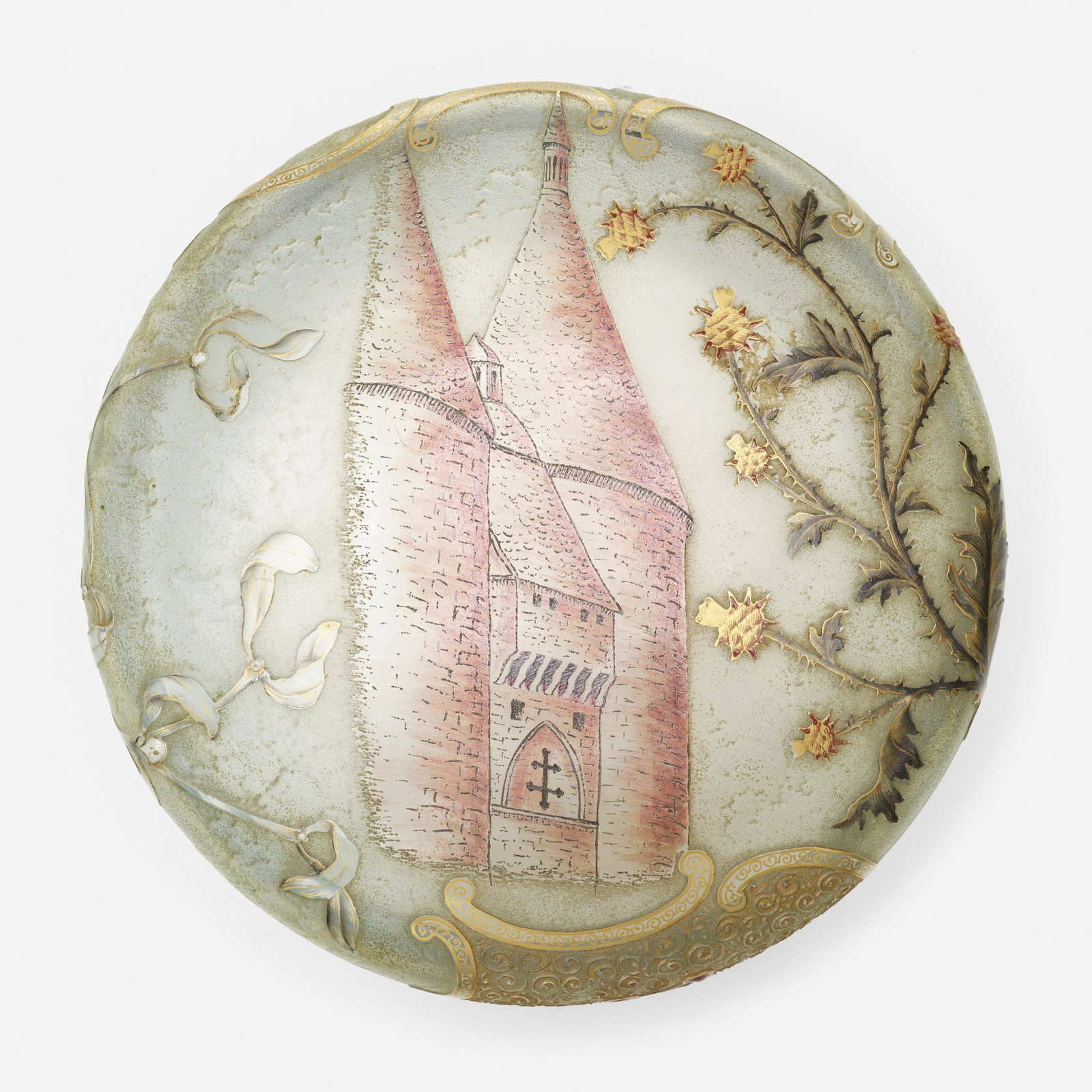 Daum, Rare and Early lidded vessel: Daum Rare and Early lidded vessel France, c. 1890 acid-etched, enameled, and gilt cameo glass 2.5 h × 6 dia in (6 × 15 cm) Vessel features a castle with mistletoe and thistle. Gilt sign