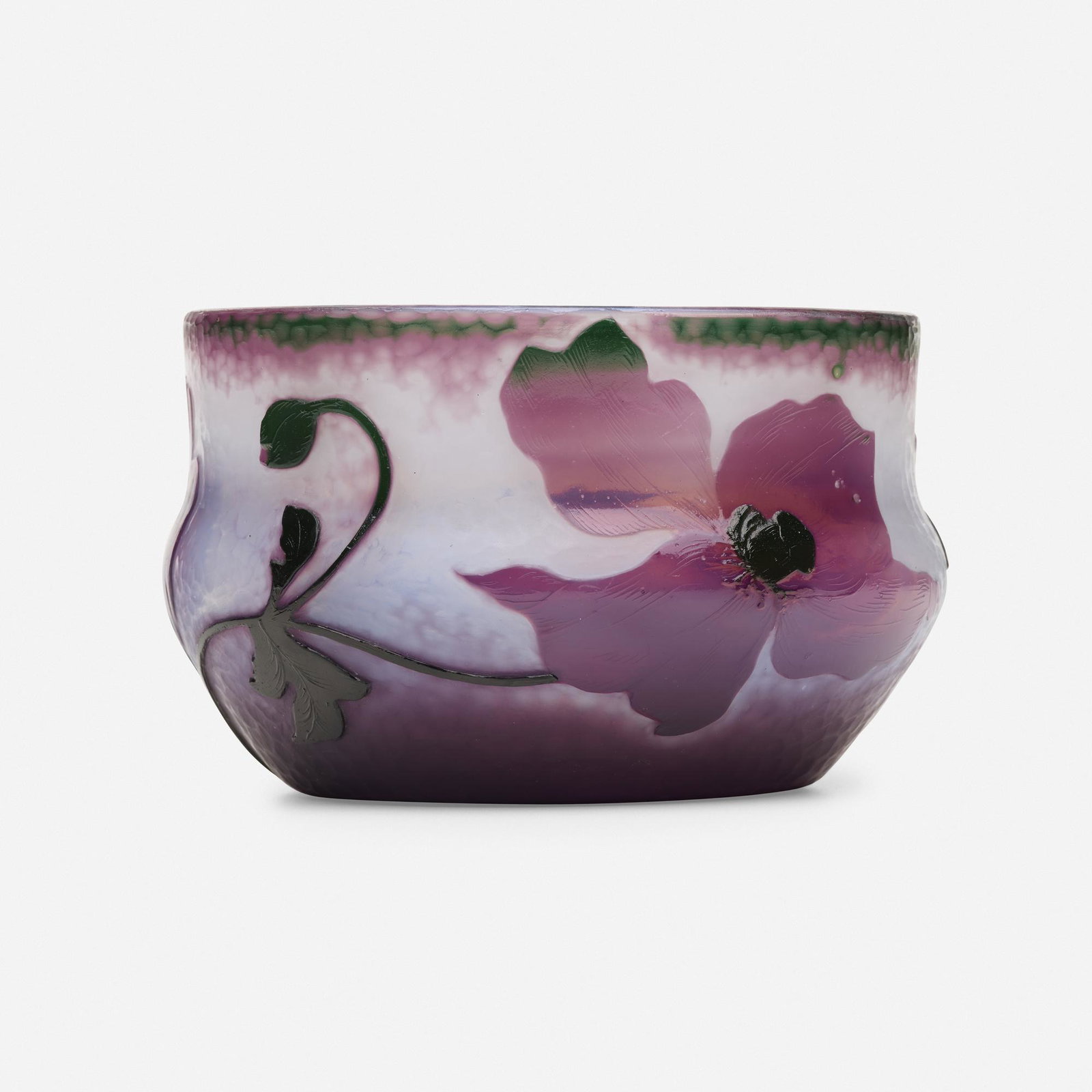 Daum, vase with poppies: Daum vase with poppies France, c. 1900 acid-etched, fire-polished, and wheel-carved opalescent cameo glass, martele surface 3.5 h × 5.75 dia in (9 × 15 cm) Etched signature to underside