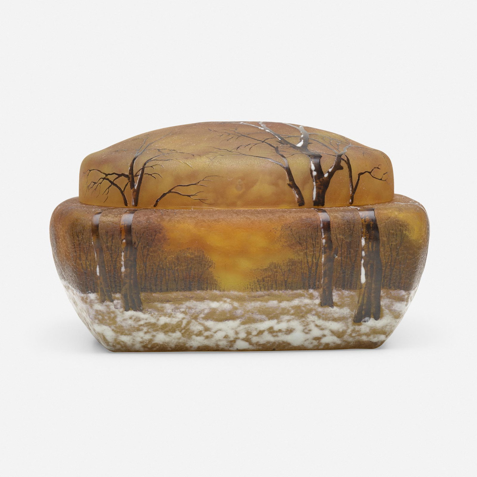 Daum, winter scenic covered box: Daum winter scenic covered box France, early 20th century acid-etched and enameled cameo glass 3 h × 6 w × 6 d in (8 × 15 × 15 cm) Enameled signature to underside 'Daum Nanc