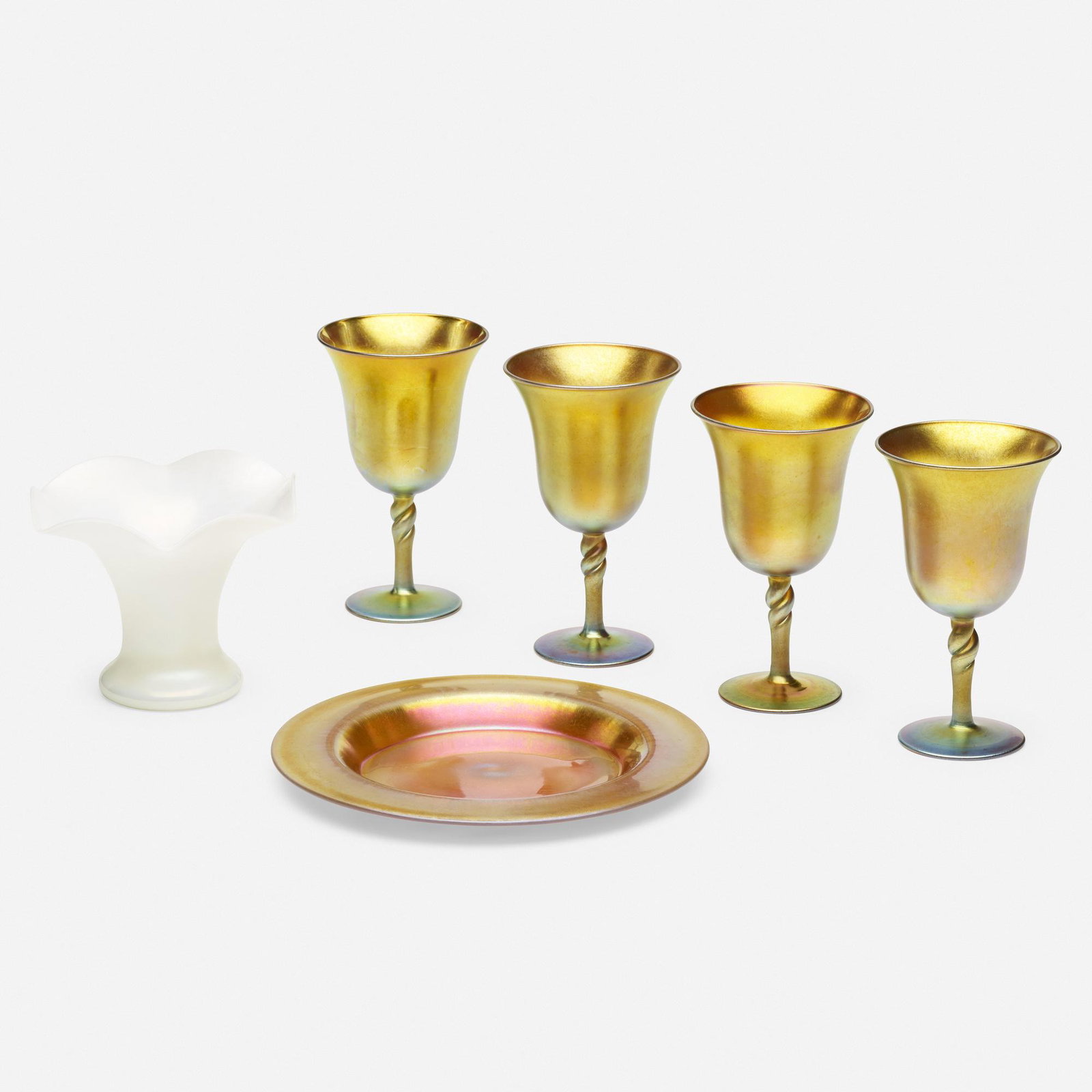 Steuben, tableware collection: Steuben tableware collection USA, early 20th century hand-blown glass 6.25 h × 3.75 dia in (16 × 10 cm) Plate measures: 8.5 dia inches. Vase measures: 6 dia x 4.5 h inches. Lot is compr