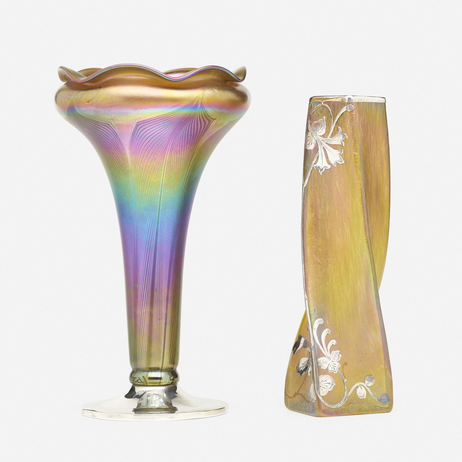 Loetz, vase with silver overlay: Loetz vase with silver overlay Austria, c. 1900hand-blown glass, sterling silver8 h × 2.25 w × 2.25 d in (20 × 6 × 6 cm) Sold with a Quezal vase (c. 1910) measuring 5 dia